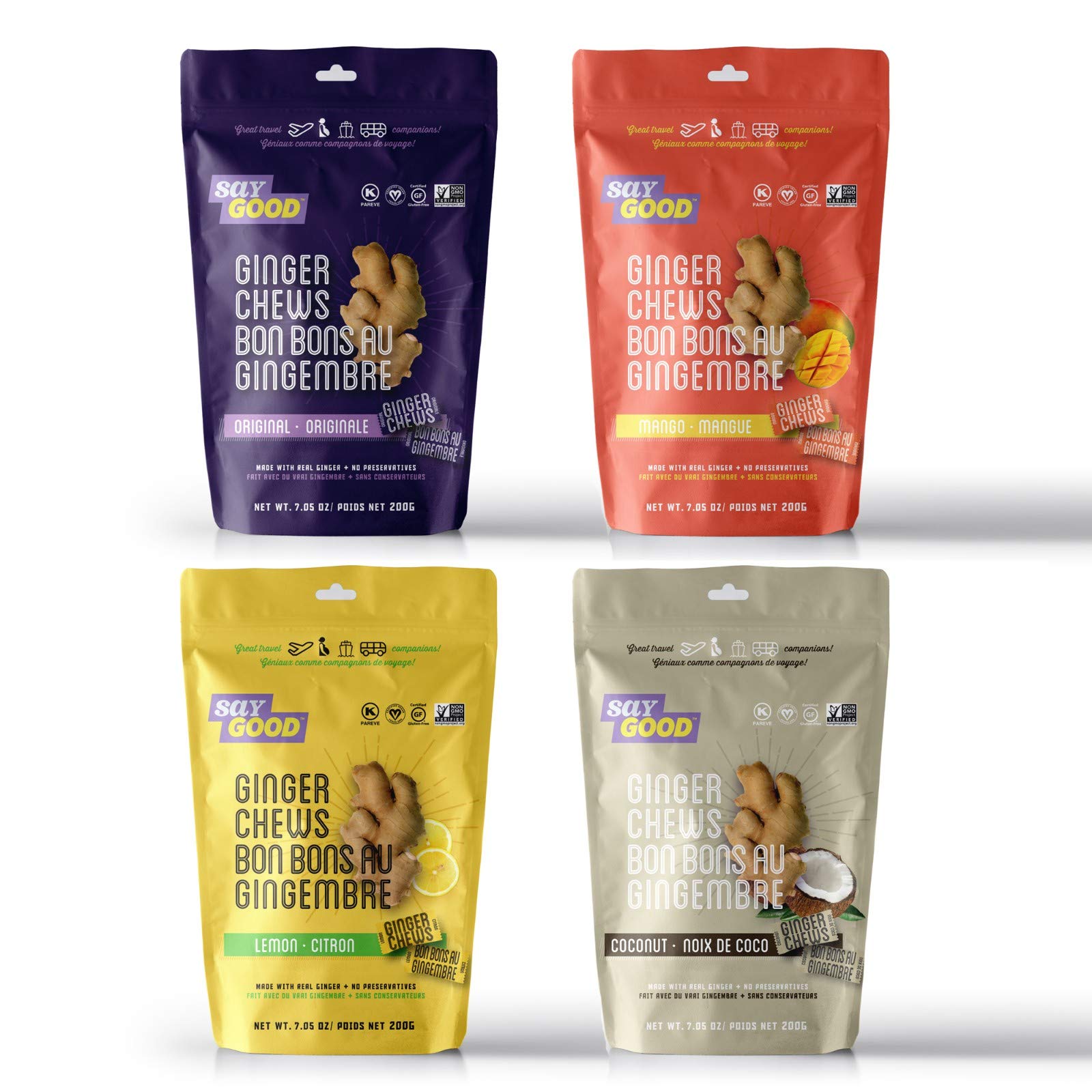 Say Good Hand Crafted Ginger Candy Chews (Assorted Mix, 7.05 Ounce, Pack of 3), Individually Wrapped