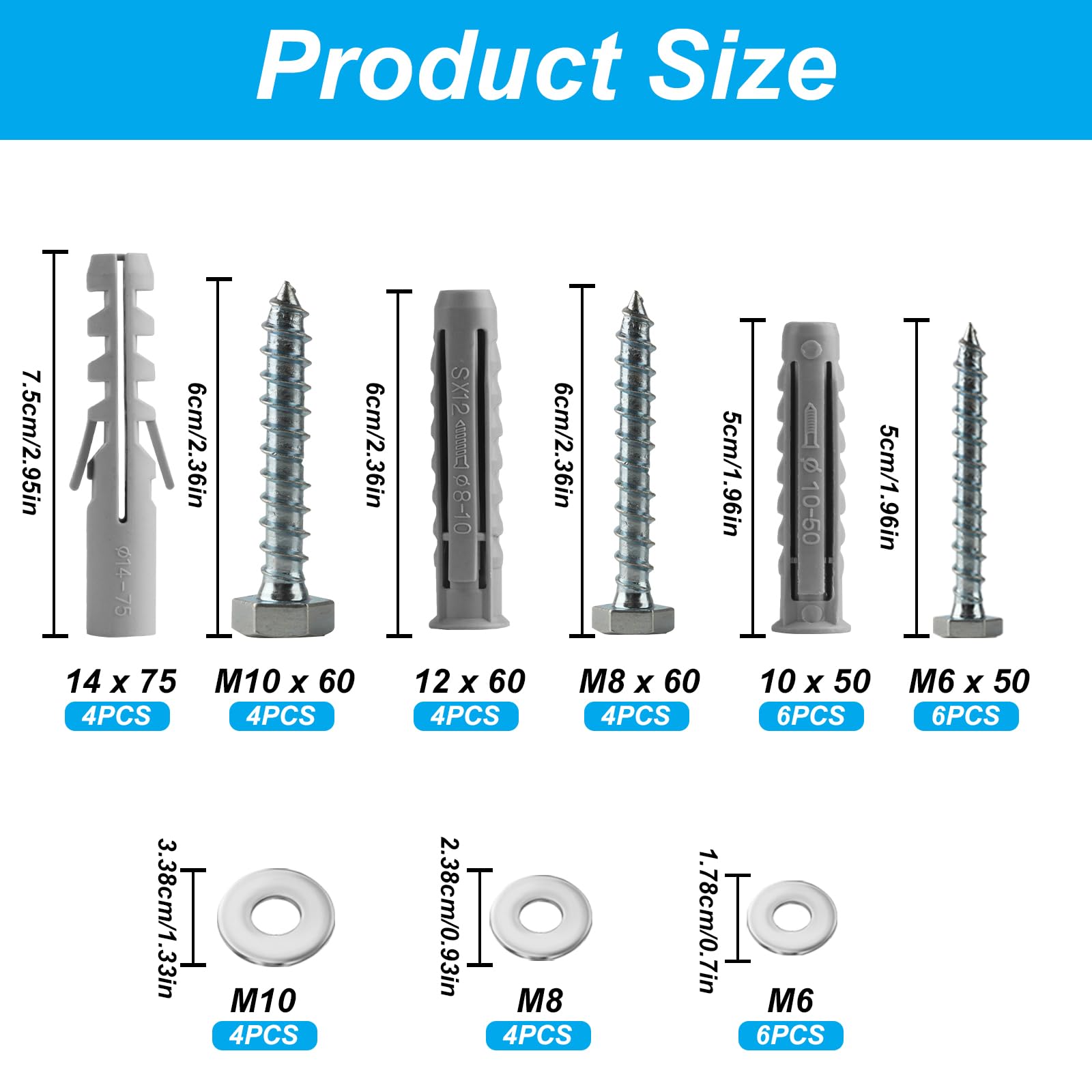 Fischer Set van 100 SX Plus BM pluggen met zeskantschroeven 10 x 50 mm voor massieve muren, geperforeerde baksteen, metselwerk, beton, voor het bevestigen van kroonluchters, meubels, kasten, planken