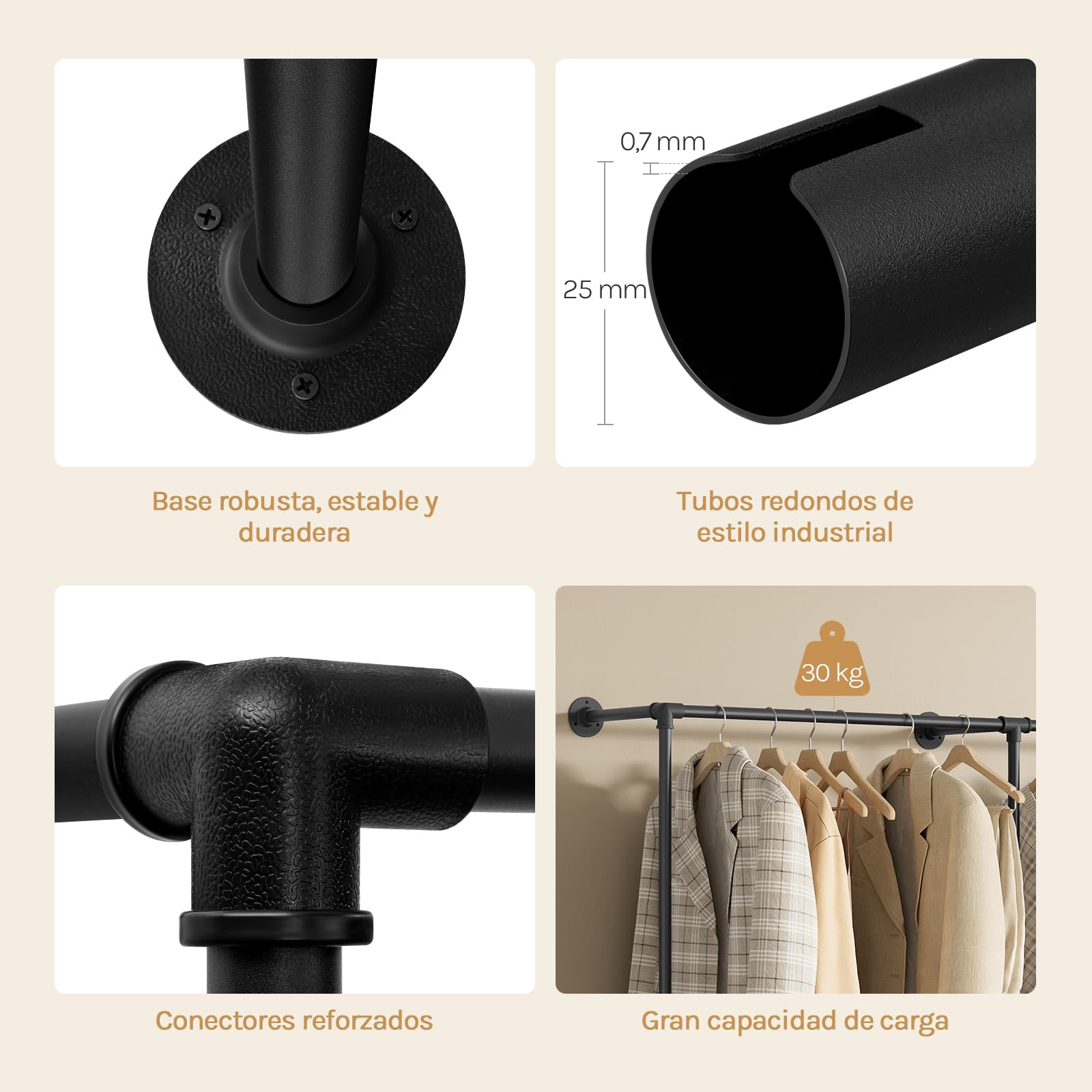 WOLTU Perchero de Pared Industrial, 4 Rieles para Colgar Ropa, Armario Abierto, Perchero Industrial de Tubos Metálicos, Barras Colgantes para Dormitorio y Vestidor, Negro, 193x36,5x187 cm