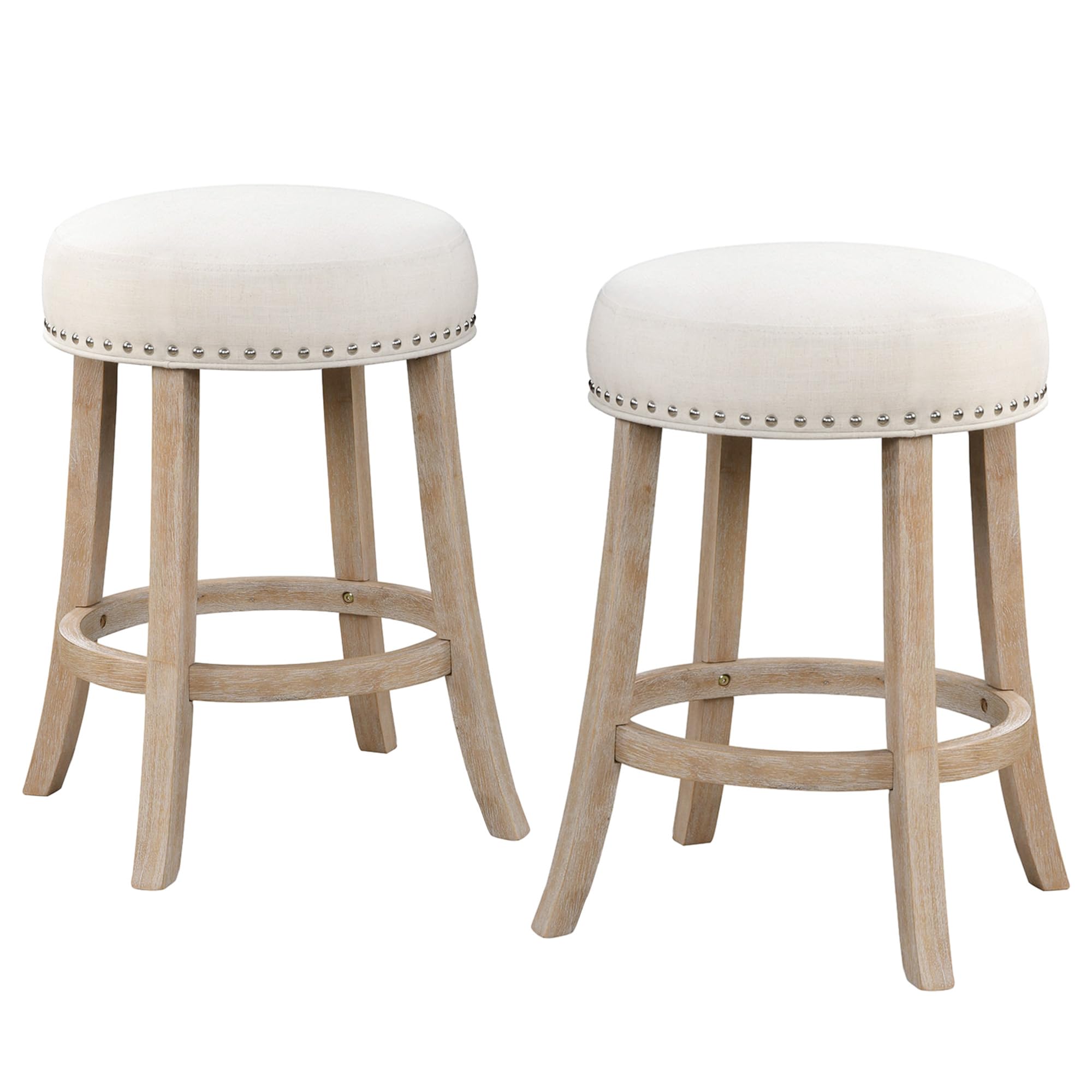 24" Counter Height Barstools Set of 2 - Modern Backless Bar Stools with Round Thick Upholstered Seat & Solid Wood Legs, Bar Chairs for Kitchen Island & Dining Room, Beige