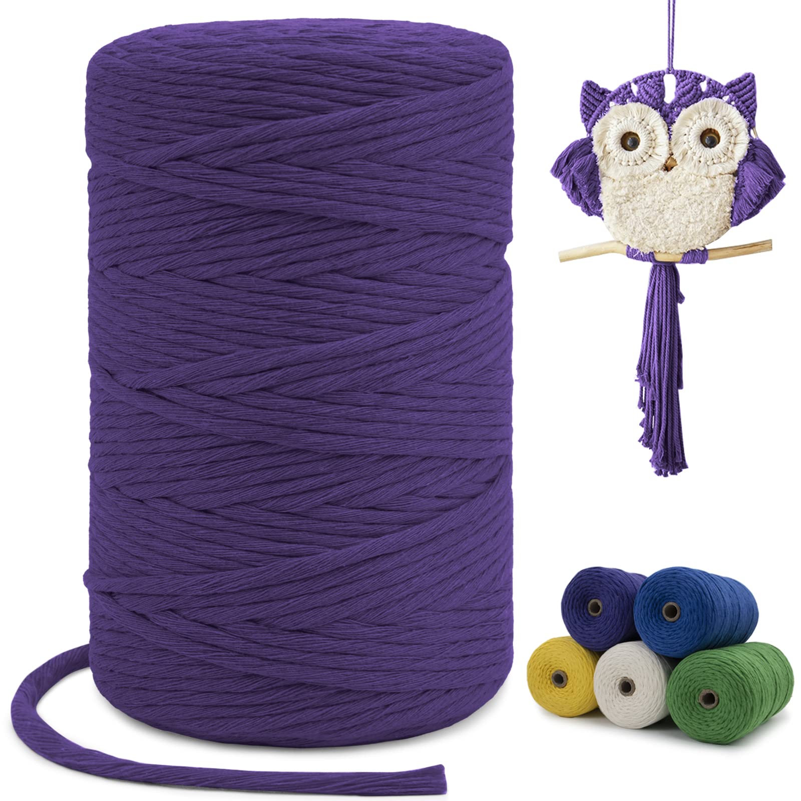 LEREATI Macrame Cord 3mm x200m, Thick Cotton Macrame Rope Yarn, Natural Craft Rope for Plant Hanger, Wall Hanging, DIY Crafts, Decorations (Deep Purple)