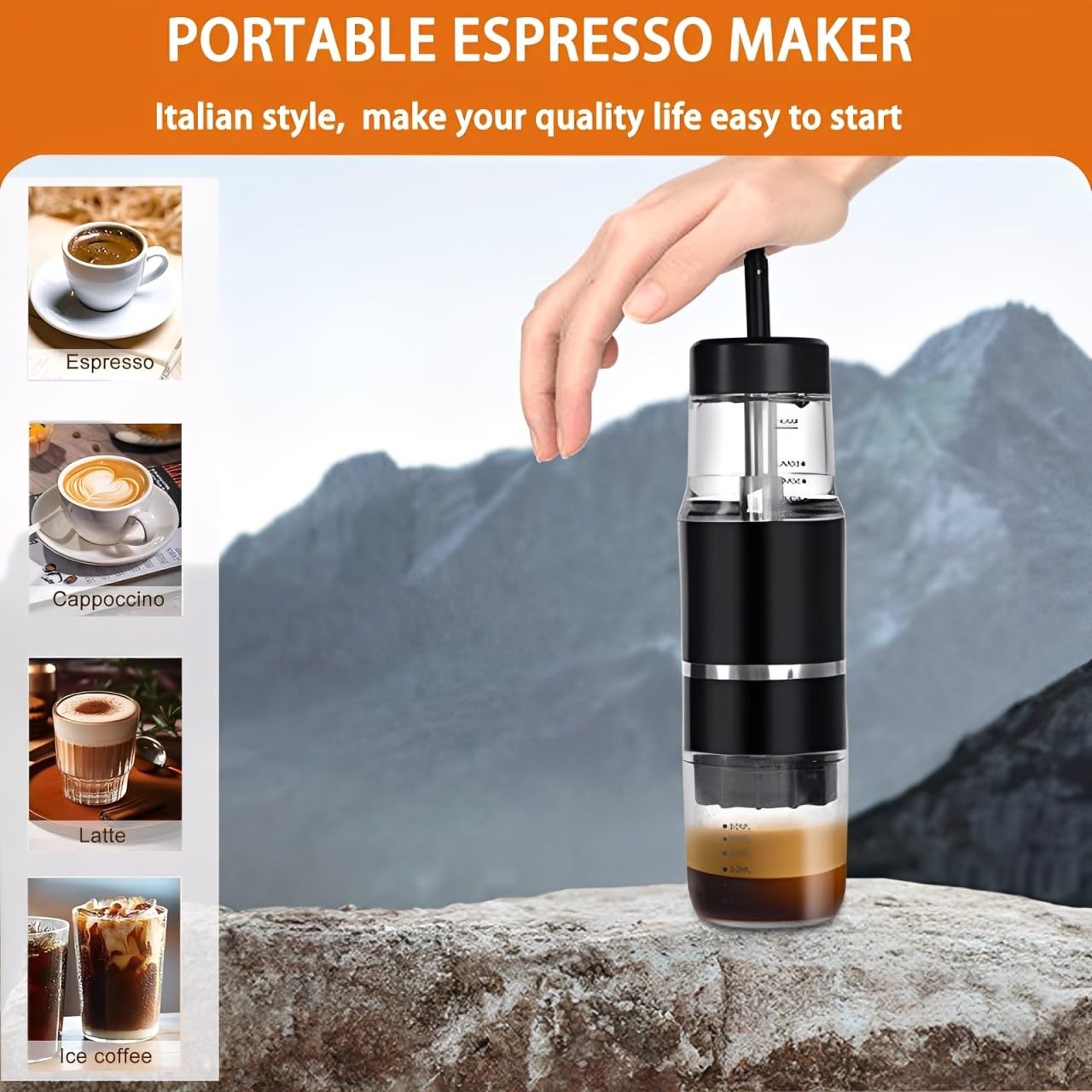 Cafetera Portatil para café molido compatible al aire libre, Cafetera Express 18 bares de accionamiento manual, Cafetera Espresso sobre la marcha, ultra-pequeño para viajes Camp