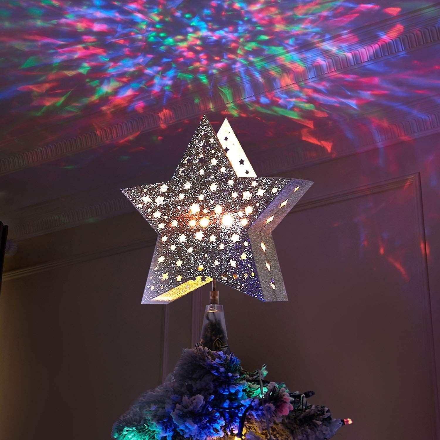 Vanthylit Golden Star Christmas Tree Topper Projector Tree Top Star with Water Ripple Effect LED Projector Christmas Tree Decoration(RGB)