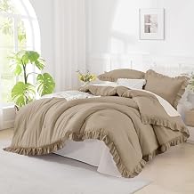 Andency Taupe Queen Comforter Set90x90Inch, 3 Pieces1 Ruffle Comforter and 2 Pillowcases Solid Bedding Comforter Sets for Queen Bed, Lightweight and Fluffy Soft Polyester Bedding Set
