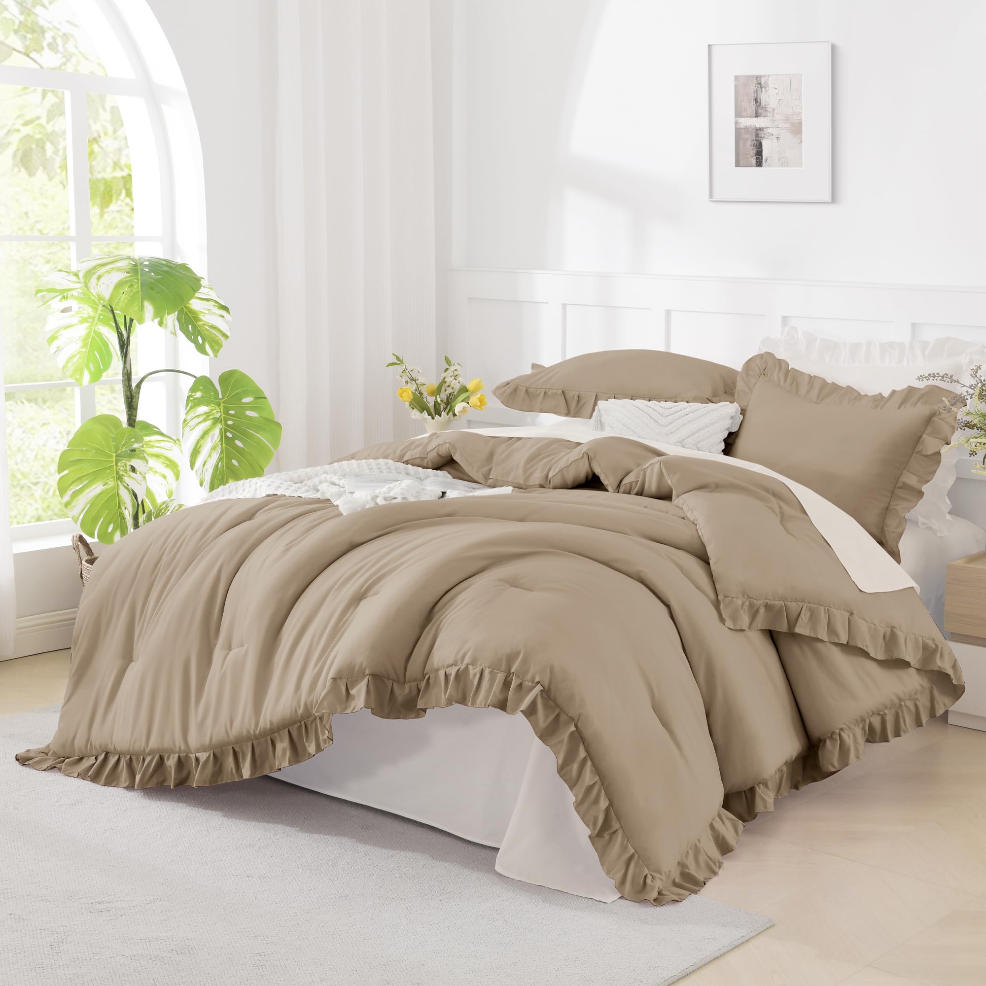 Photo 1 of Andency Full Size Taupe Ruffle Comforter Set, 3-Piece