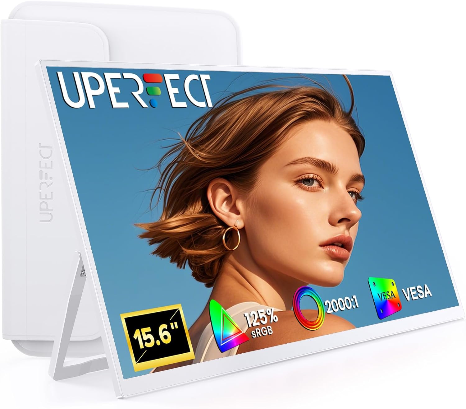 Monitor portatile UPERFECT 15,6″ 125% sRGB Schermo esterno bianco con custodia, contrasto 2000:1 FHD 1080P HDR Eyecare, supporto regolabile a 180° integrato e VESA, monitor secondario per laptop PC Mac