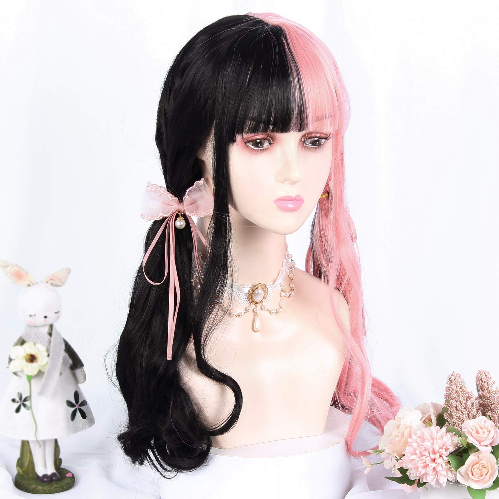 Sulika 24” 2 tone pink&Blk cutesy cosplay wig +NWT Half Pink Half Black Wavy Wig For Anime Cosplay Adjustable  main image 2