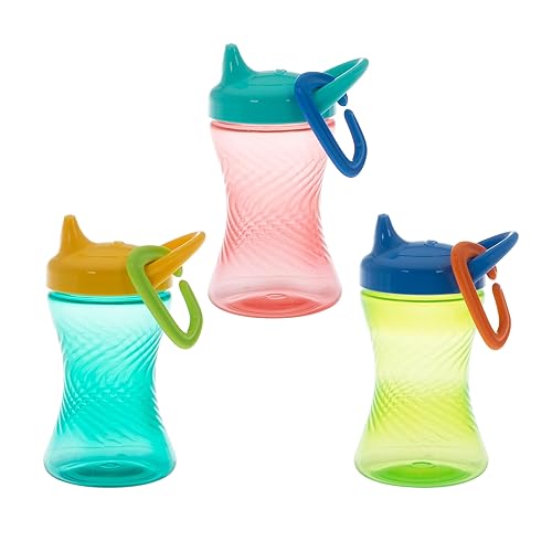 Nuby Vaso antiderrames con boquilla dura de fácil agarre, paquete de 3 unidades, 10 onzas, para bebés de 6 meses en adelante, verderojoazul
