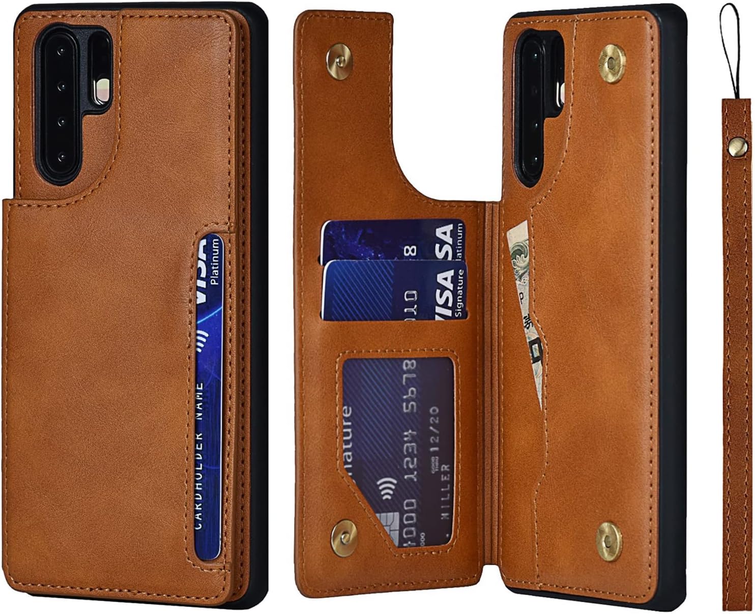 Jaorty for Huawei P30 Pro Luxury PU Leather Case,Credit Card Holder,Cash Slots,Stand Function Soft TPU Back Wallet Case Flip Wrist Strap Multi-Function Durable Case for Huawei P30 Pro 6.47",Khaki