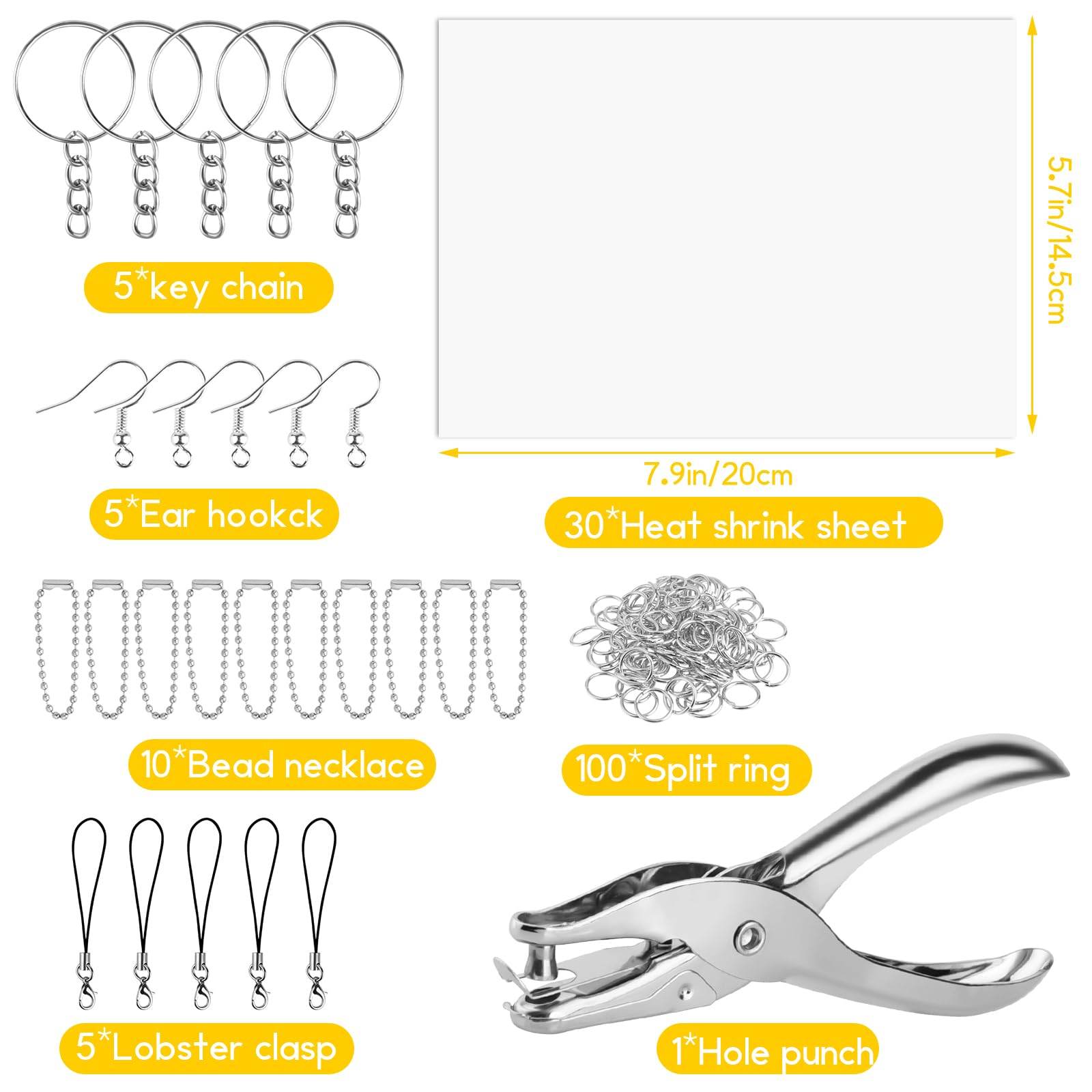 Bouiexye 146 Pcs Heat Shrink Plastic Sheet Shrinky Art Kit 20 Pcs Shrink Paper Keychain Kit for Crafts Handprint Mother's Day Marking Keychains (7.9 in X 5.7 in) - Image 2