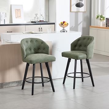 Swivel Counter Stools Set of 2, Upholstered Counter Height Bar Stools with Back, 25" H Modern Bar Chairs with Wooden Legs, Faux Leather Bar Stools for Kitchen Island, Dining Room, Green