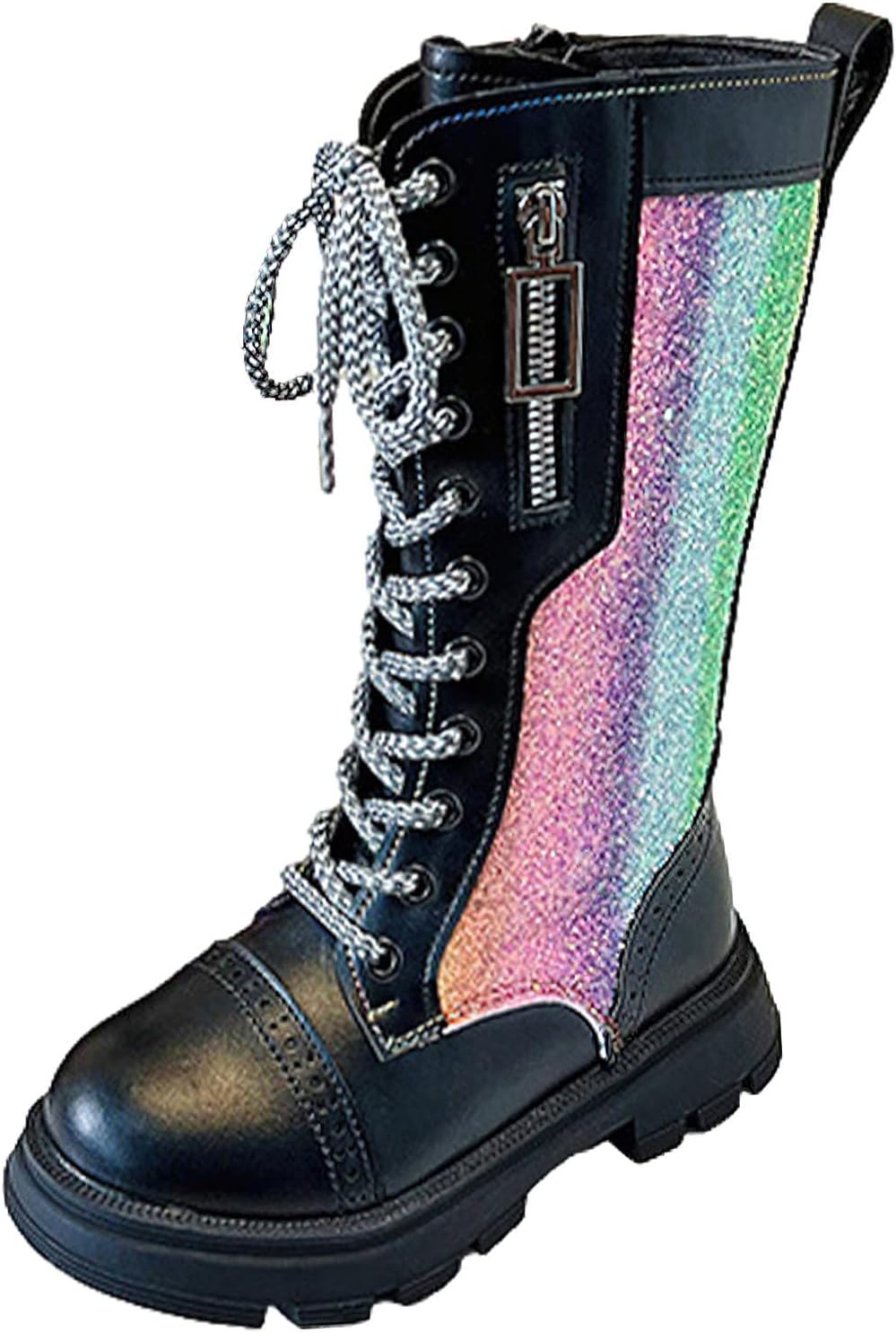 Girls Knee High Riding Boots Glitter Fashion Side Zip Round Toe Party Dress Shoes