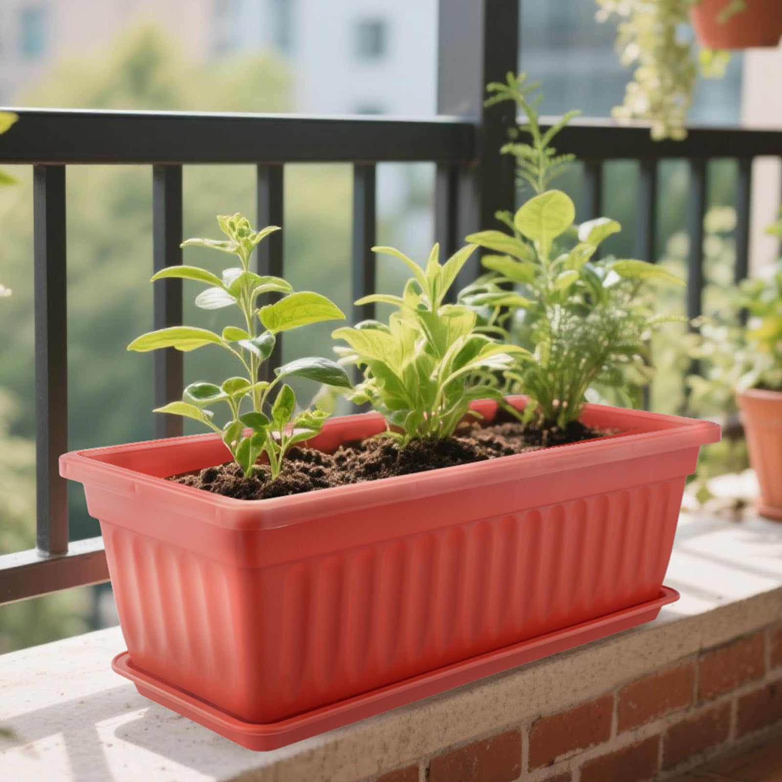 ZOENHOU Lot de 6 jardinières rectangulaires en Plastique de 43 cm avec Plateaux et 30 étiquettes Vertes pour Rebord de fenêtre, terrasse, Jardin, décoration d'intérieur, Porche - Rouge