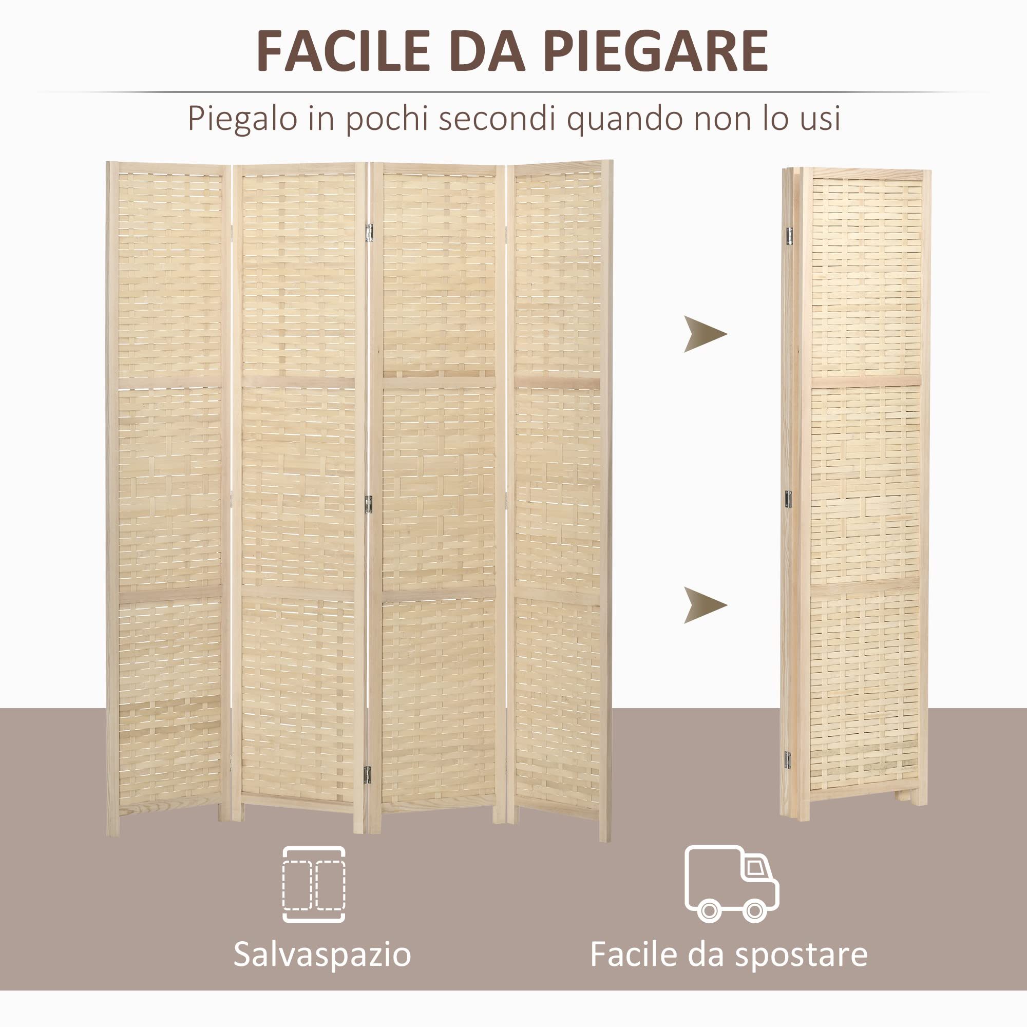 HOMCOM Paravento da Interno a 4 Ante in Legno e Bambù Intrecciato, Separé Divisorio Pieghevole Salvaspazio, Altezza 170cm, Naturale