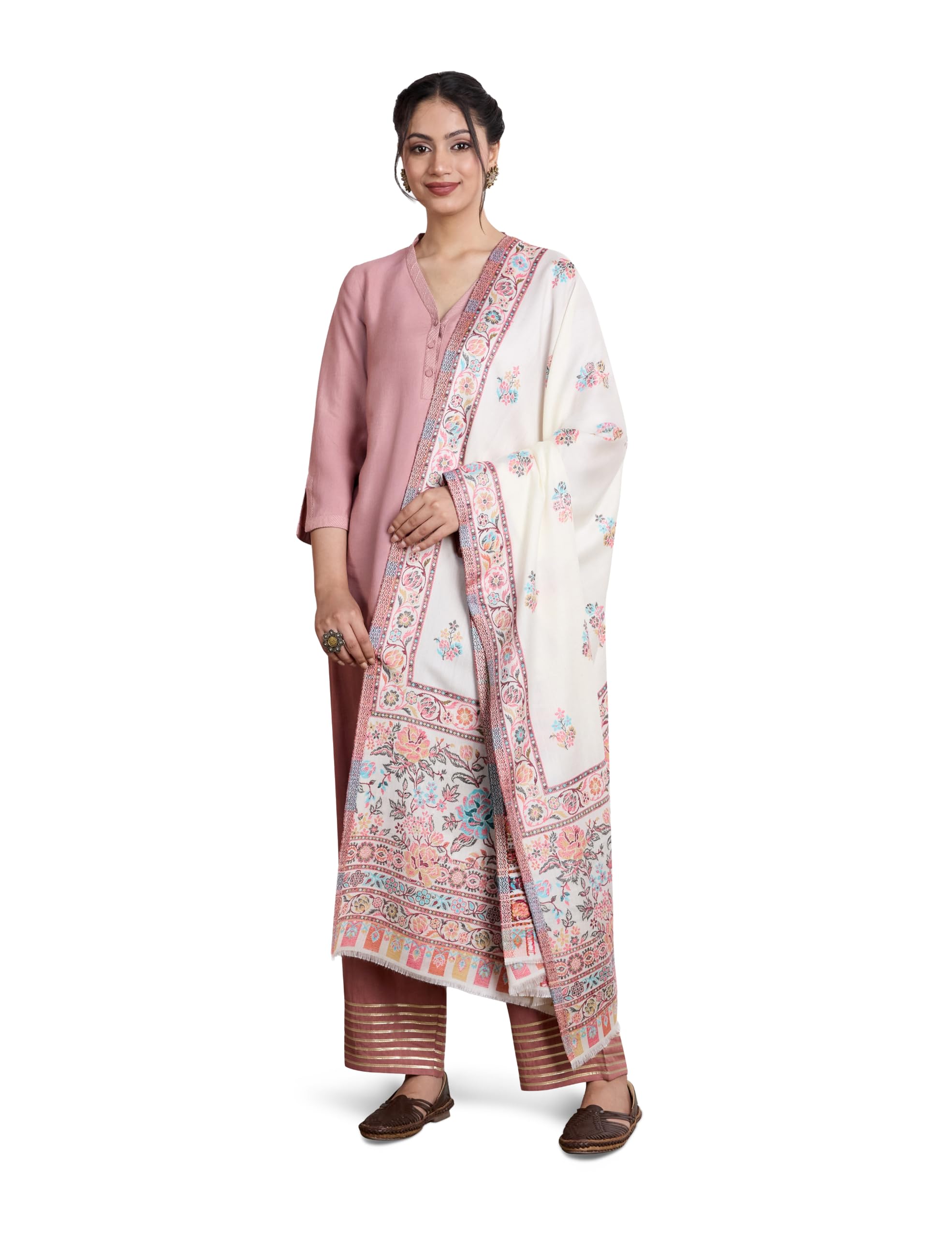 Women Premium Kashmiri Jacquard Shawl | All-Over Paisley Motifs | Tassel Fringes | Winter Ethnic Wrap (Size: 102 X 208 CM)-image-38