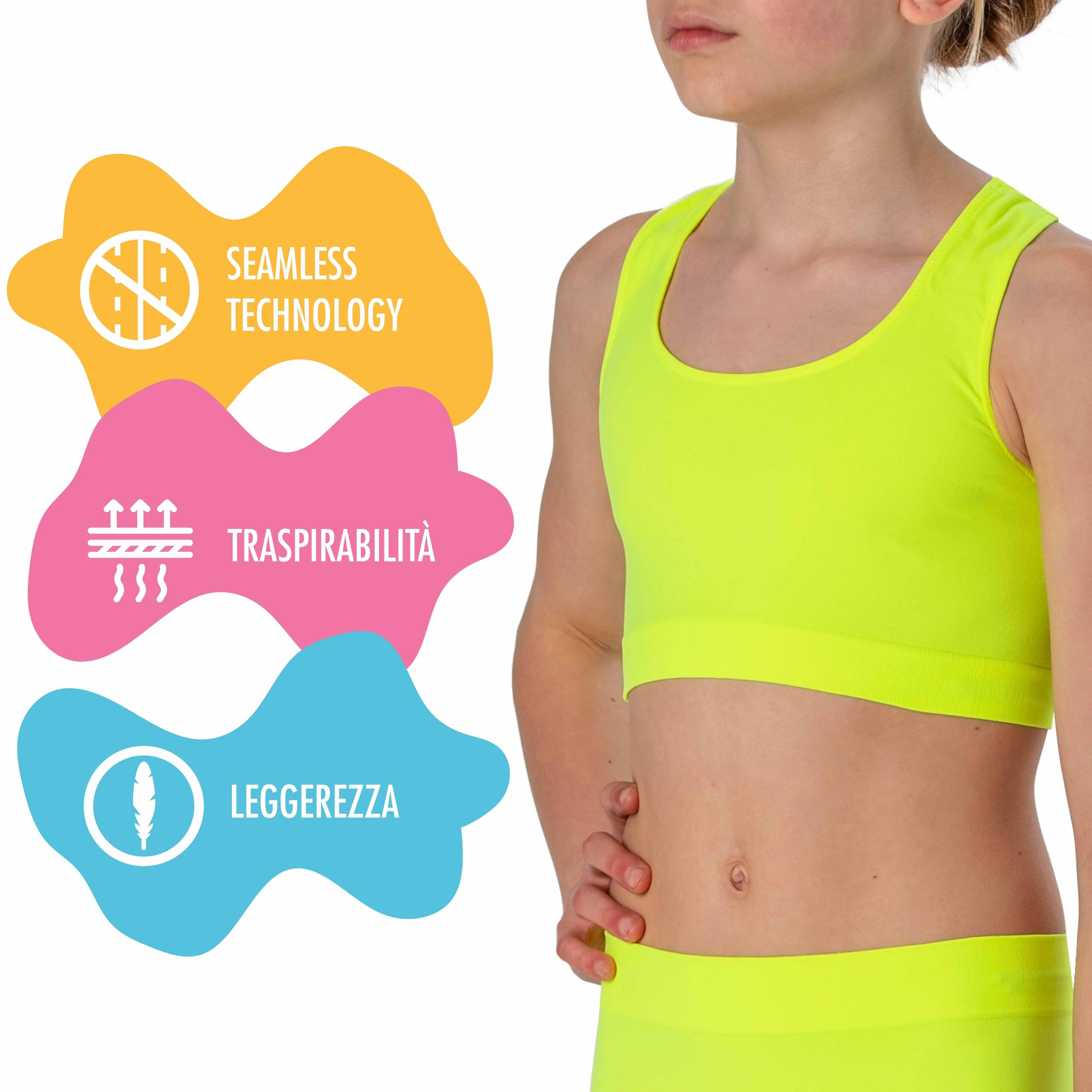 Risalti Top Bambina Olimpionico Microfibra 3 pz - Top Ragazza Senza Cuciture, Top Sportivo Bambina, Reggiseno Ragazza Sportivo, Seamless, Bracciali in Omaggio - Made in Italy