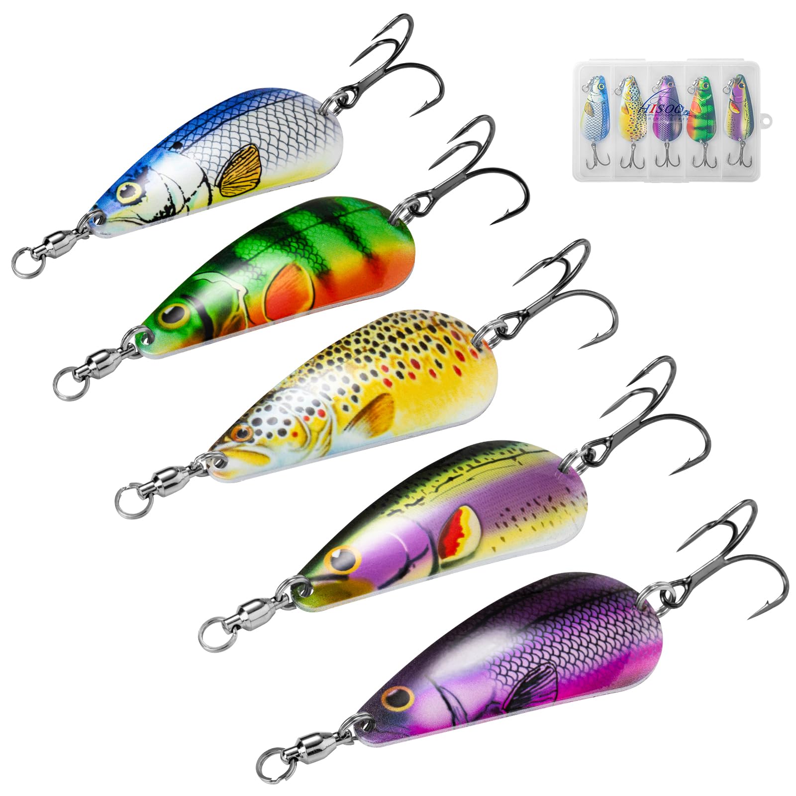 Spinner Spoons Hard Metal Fishing Bait Lures Kit for Pike Walleye Musky Bass Trout-3D Eyes & Treble/Single Hooks with Tackle Box in Freshwater and Saltwater