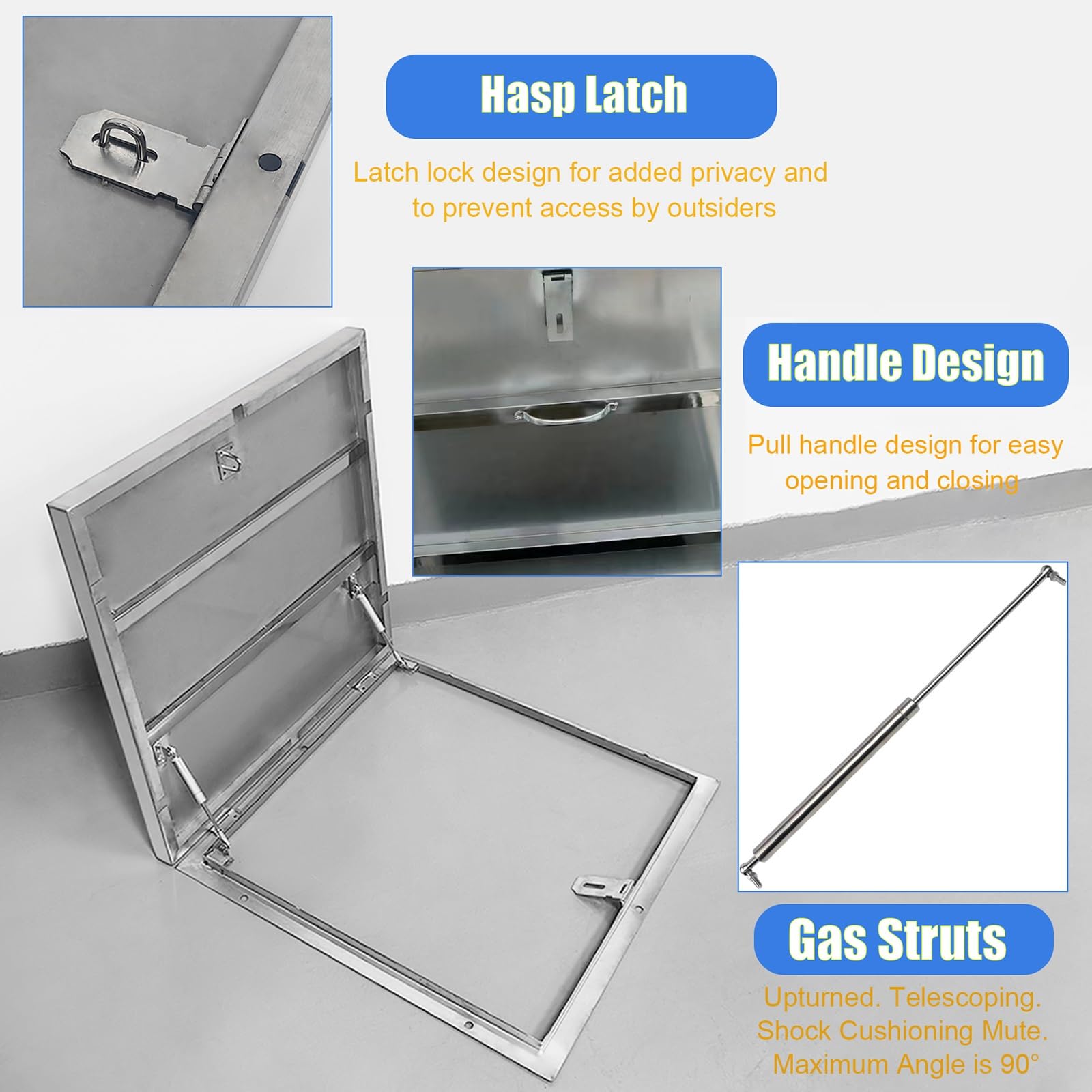 Trampilla de Suelo 195 175 155 135 115 95 75 55 cm Tapa De La Escotilla Del Techo, Acero Inoxidable 304 Tapa De Salida De Sótano Tapa De Acceso Al Ático Con Pestillo Hasp, Asa(Inner-LXW-145x80cm/57.1x