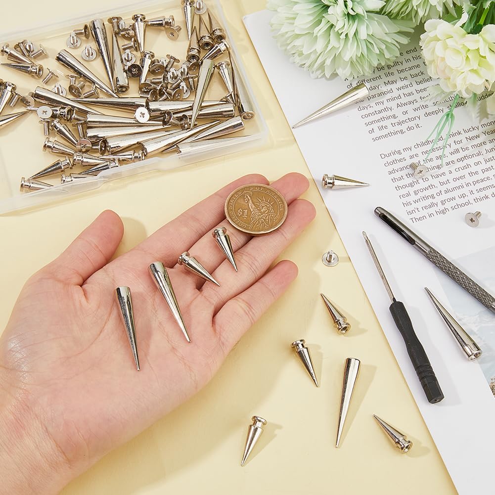 SUPERFINDINGS 50 Sets Long Punk Spikes and Studs for Clothes Large Leather Rivets Screwback Studs with Screwdriver and Hole Craft Silver Cone Spikes for Cosplay Clothing Shoes Belts Bags Dog Collars - Image 3