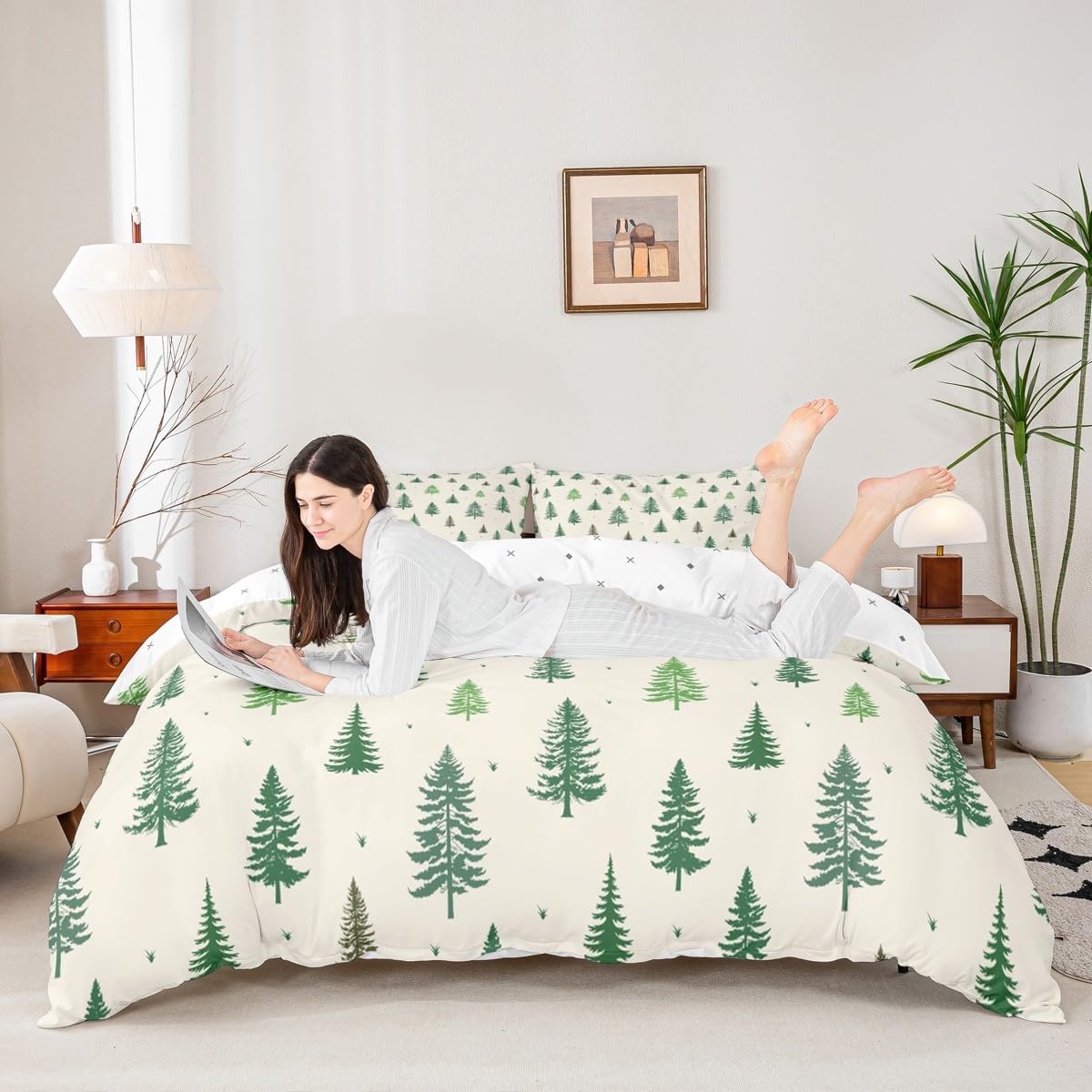 Castle Fairy Christmas Tree Duvet Cover Set Queen Size,Green Pine Bedding Set 3pcs for Kids Teens Girls Boys Room Decor,Nature Plants Comforter Cover Soft Microfiber Quilt Cover with 2 Pillowcases