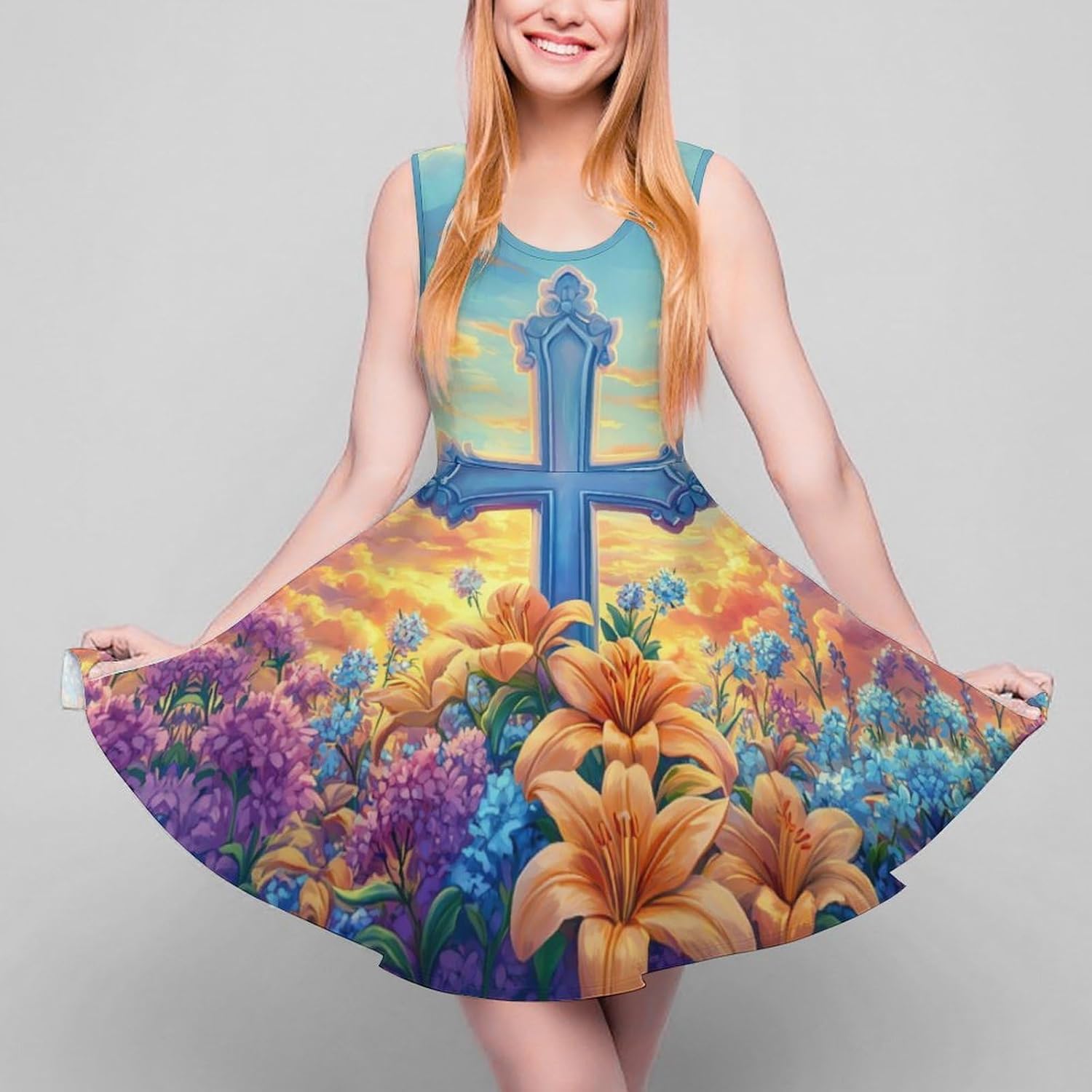 Crosss Flower Women's Dresses Round Neck Dress Sleeveless Tank Dress Ruffle Hem Sundress