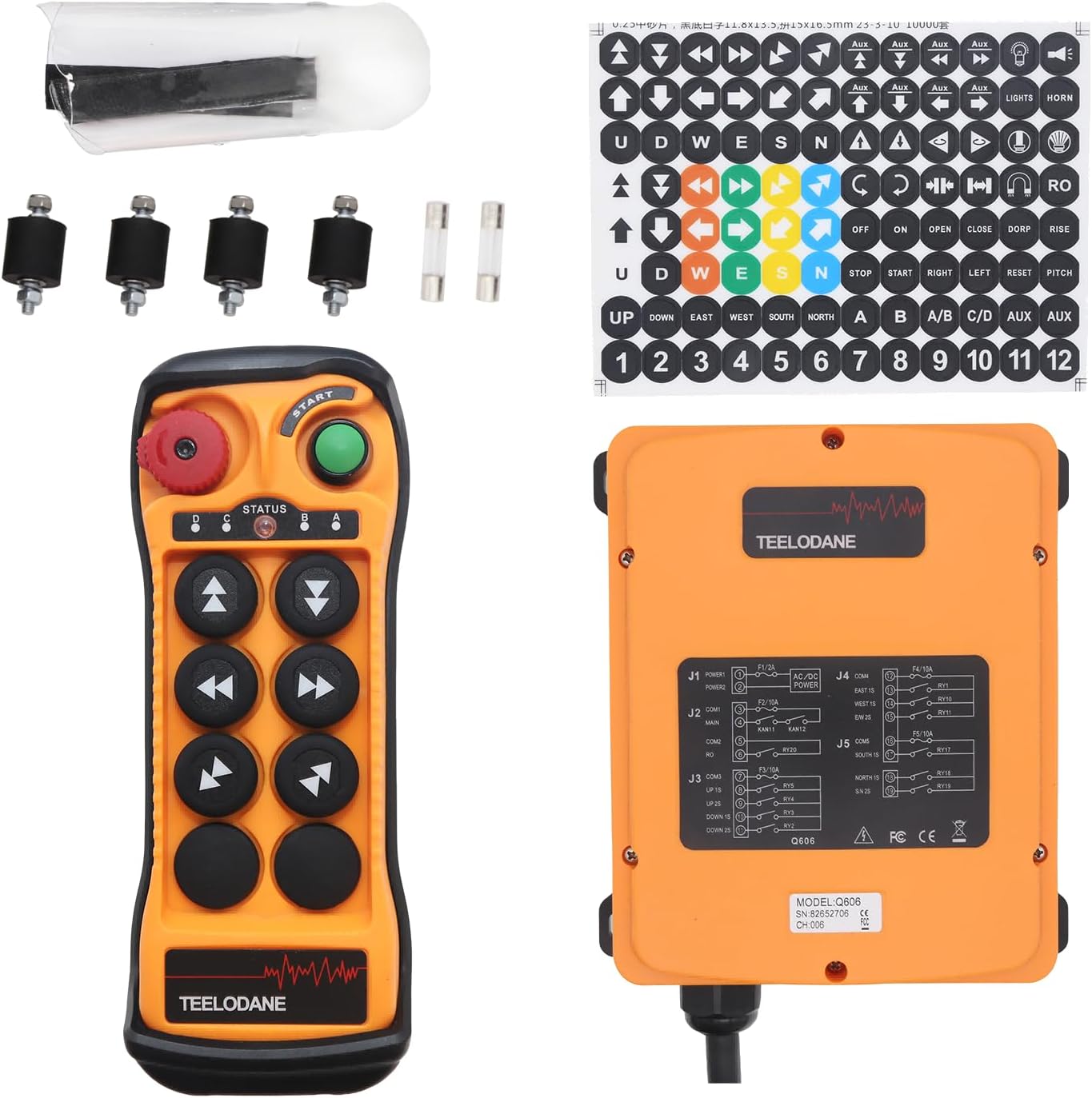 Q606 24V/110V/220V Industrial Wireless Remote Control 6 Button Dual Speed, IP65 Waterproof, Reinforced Nylon Housing, Heavy Duty Radio Controller for Crane Hoist Lift Winch (AC/DC 24-264V)