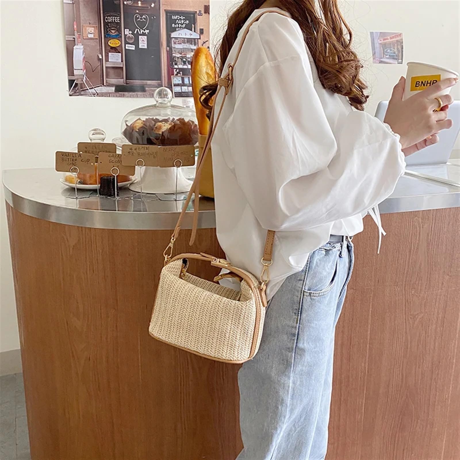 Stroh Handtasche Damen Große Woven Beige Straw Crossbody Bag Handbag Crochet Straw Shoulder Bag Vacational Bucket Beach Travel Bags for Women Entworfen Für Die Reise Zum Strand Im Urlaub