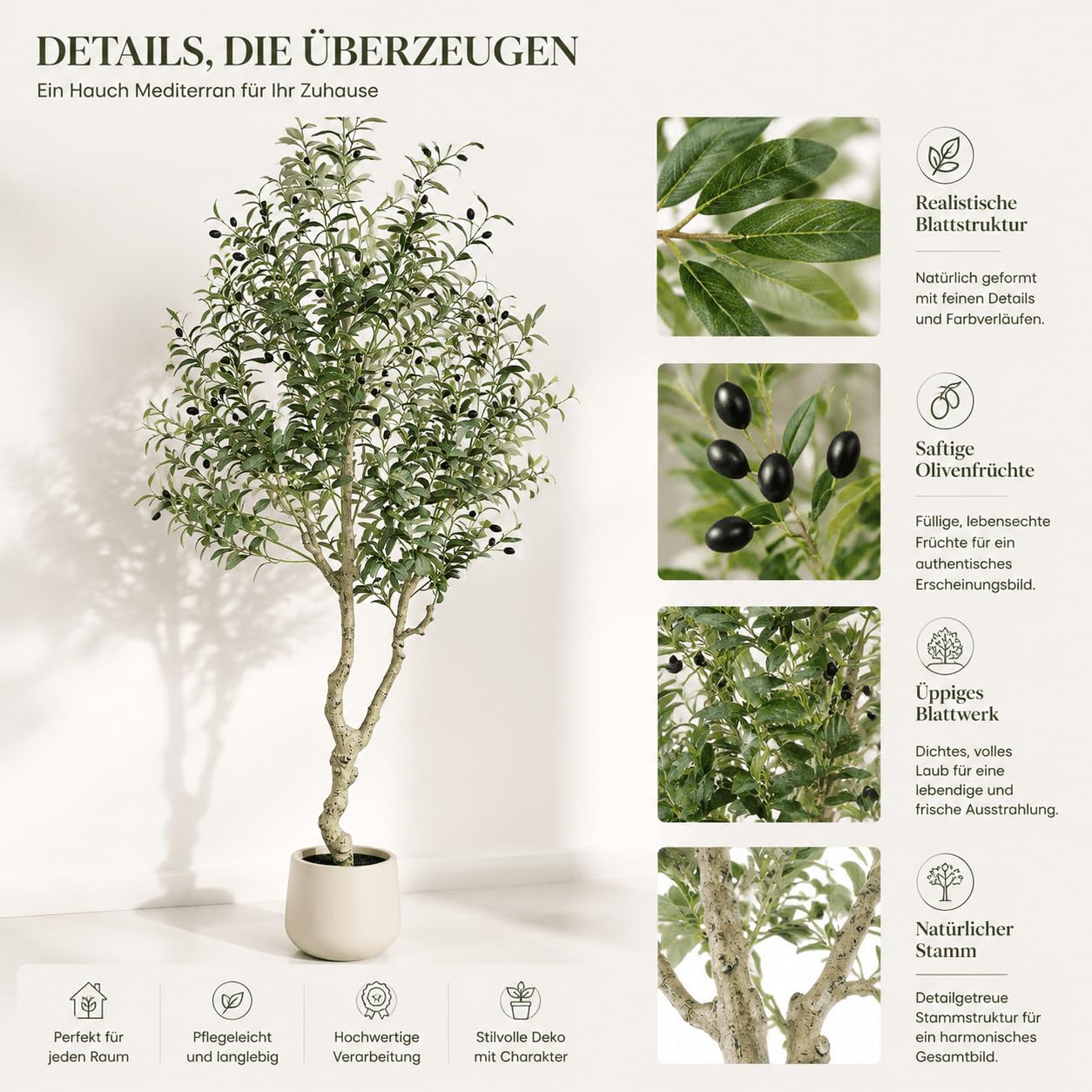 Árbol de olivo artificial con maceta, 180 cm, planta artificial grande, como real, exuberante, plantas artificiales, olivo, decoración para salón, dormitorio, oficina