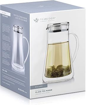 Teabloom Insulated Teapot Keeps Tea Hot Tea Maker For Two (24 oz) Double Wall Heatproof Glass Tea Steeper with Stainless Steel Filter Lid for Loose Leaf Tea