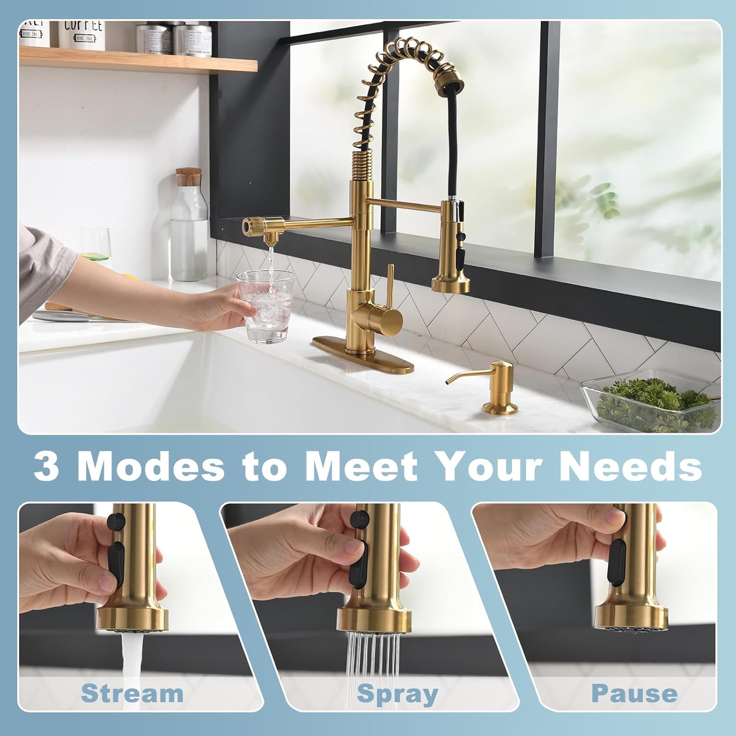 GIMILI Brushed Gold Drinking Water Faucet 3 in1 Commercial Style Pull-Down Single Handle Filter Kitchen Faucet for Water Filtration System,Without Water Filtration Device - Image 4