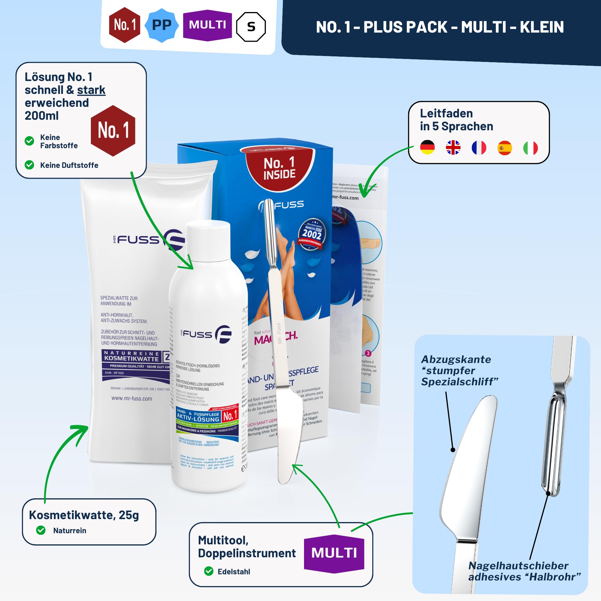 Mr. Fuss® No. 1 - Plus Pack Multi - Mały, zestaw do usuwania skórek i zrogowaciałego naskórka, zestaw ekonomiczny 3-częściowy aktywny roztwór szybko i mocno zmiękczający - 200 ml, wata, narzędzie