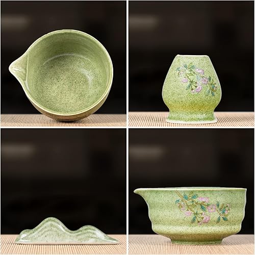 Miniatura 4 de Juego de batidores de matcha, kit de matcha japonés de 7 piezas con cuenco y soporte de cerámica floral, batidor de bambú natural, cuchara,