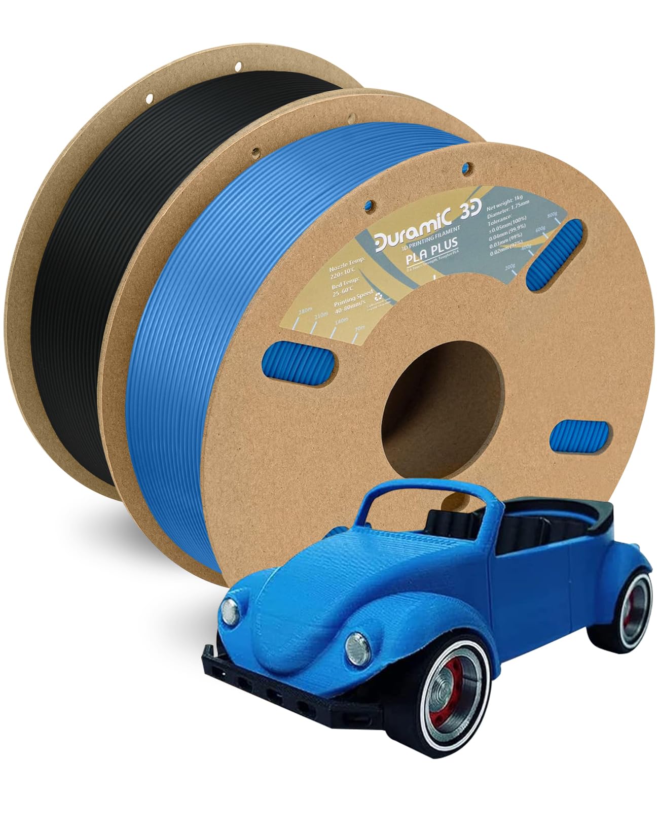 DURAMIC 3D PLA+ Filament 1.75mm 2Kg Black + Blue, PLA Plus Filament 2 Pack 1kg Spool(2.2lbs) Tougher and Stronger, Dimensional Accuracy Probability +/
