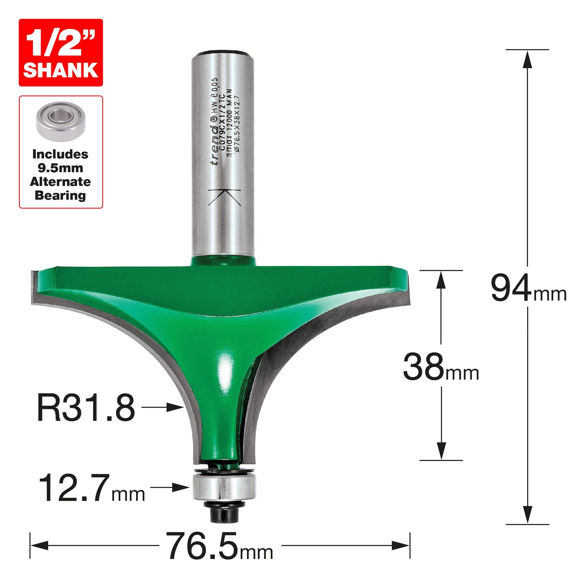 Trend Fresa Ovolo con Rodamiento, vástago 1/2", radio 31,8 mm | Perfil ovolo guiado por rodamiento con puntas TCT de carburo de tungsteno; vástago 1/2 y radio 31,8 mm. C079CX1/2TC