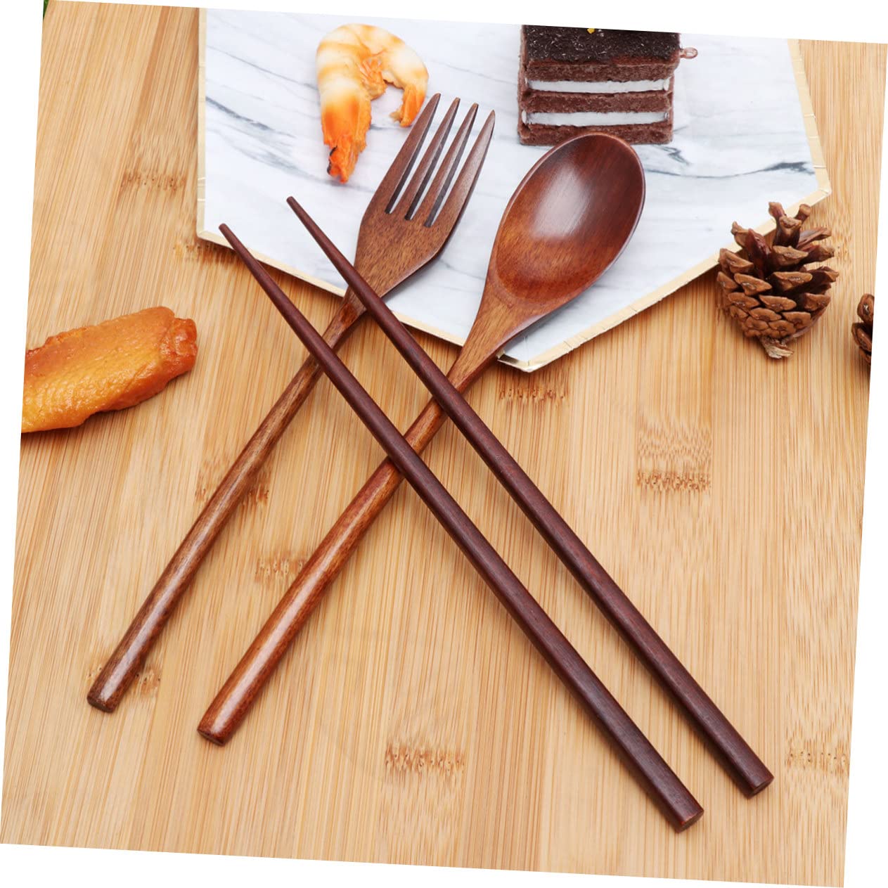 Handgefertigtes Holzbesteck-Set — 4 Löffel & 4 Paar Essstäbchen, 23 Cm, Wiederverwendbar