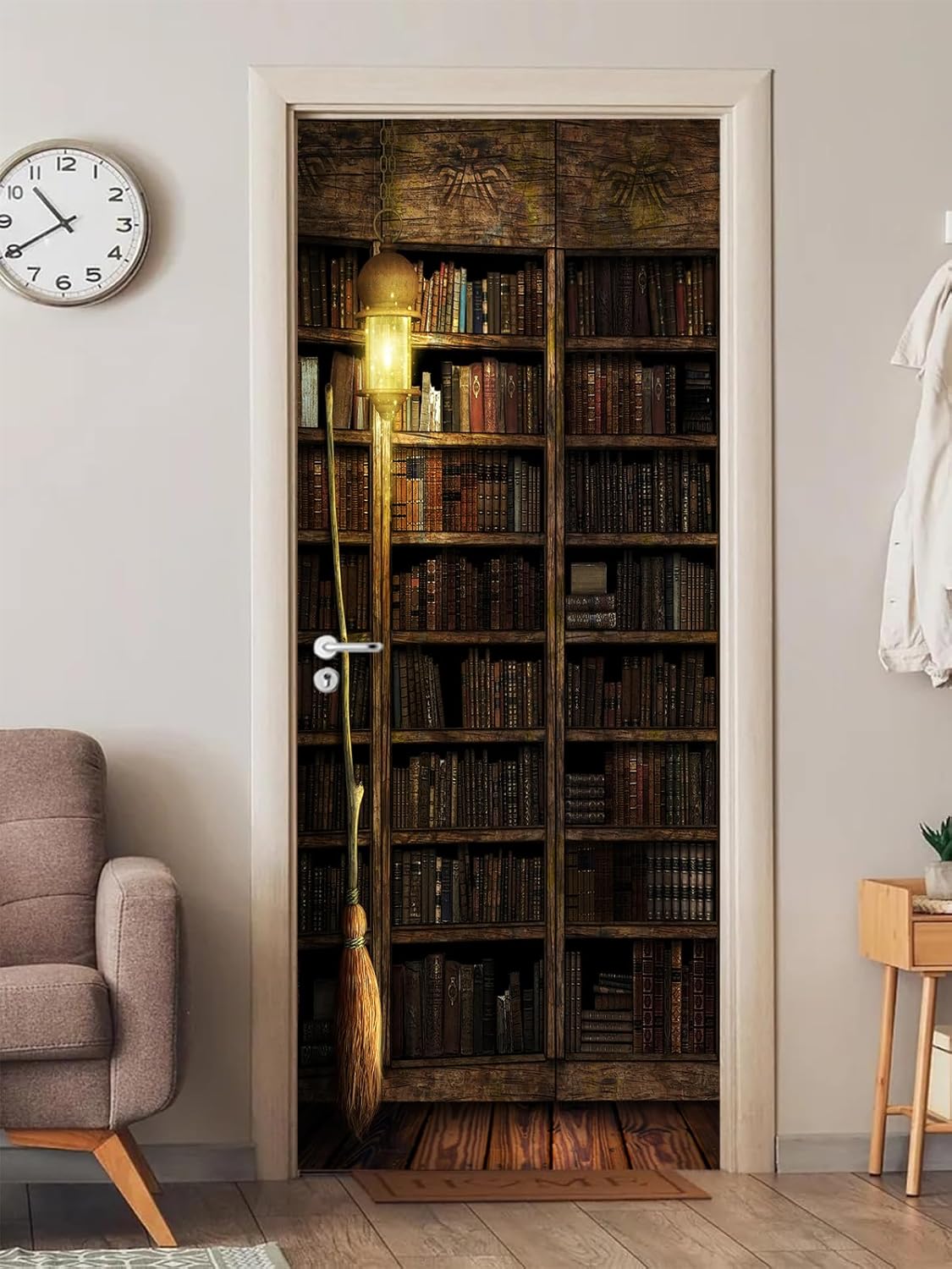 artfanke 3D Vintage Bookshelf Peel and Stick Door Sticker 33.5"x84.6"-Self-Adhesive Door Murals Wallpaper Removable Wall Decals for Home Decor (2 Sheets/Set)