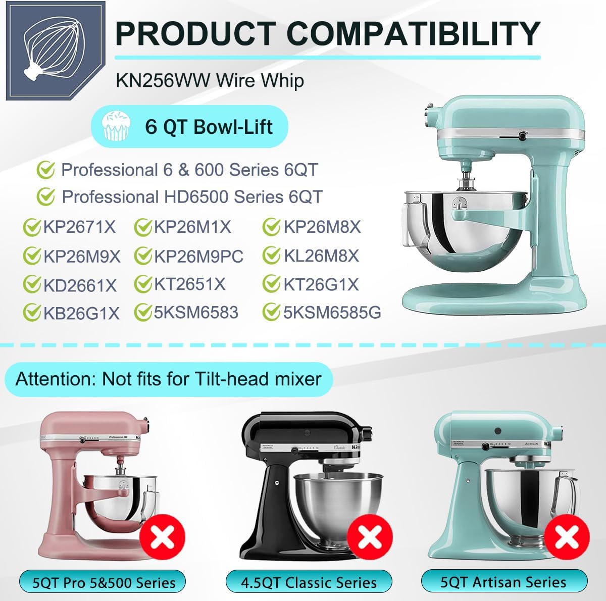 6 QT Stainless Steel Mixer Bow & K256WW Whisk for Kitchen aid 5.5-6 Quart Bowl-Lift Stand Mixer Replacement, 6 Wire Whip and Mixing Bowl with Cover for KitchenAid Mixers Attachments