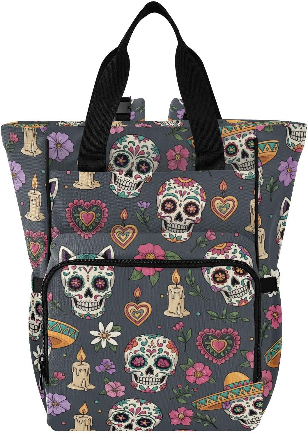 SPRIPORT Dead Skull Flowers Gray Pattern Diaper Bag Backpack for Baby Boys Girls Multifunction Baby Essentials Travel Tote with Stroller Straps & Bottle Storage Large Travel Diaper Backpack for Baby