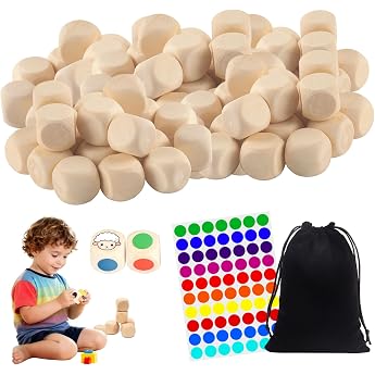 Pack of 60 Wooden Dice Blank 20 mm DIY Empty Dice with Drawstring Colour Dot Stickers Colour Dice Wood Blank Dice for Crafts Board Games Game Props Making