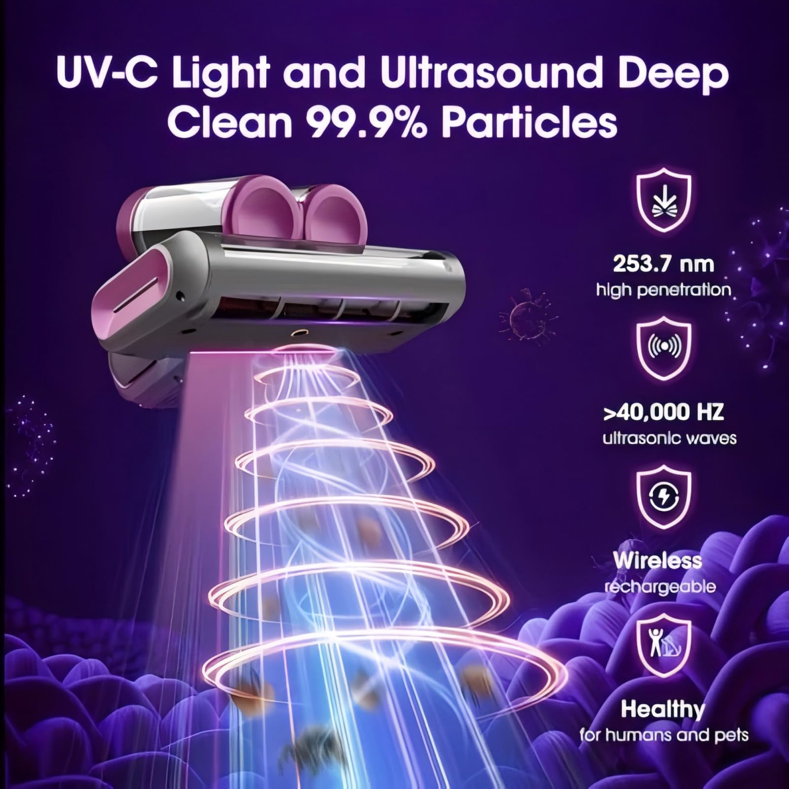 Aspirateur anti-acariens pour matelas, avec UV C et ultrasons, aspiration 8 KPa, sans fil, anti-allergène, pour lit, canapé, tapis et plus encore