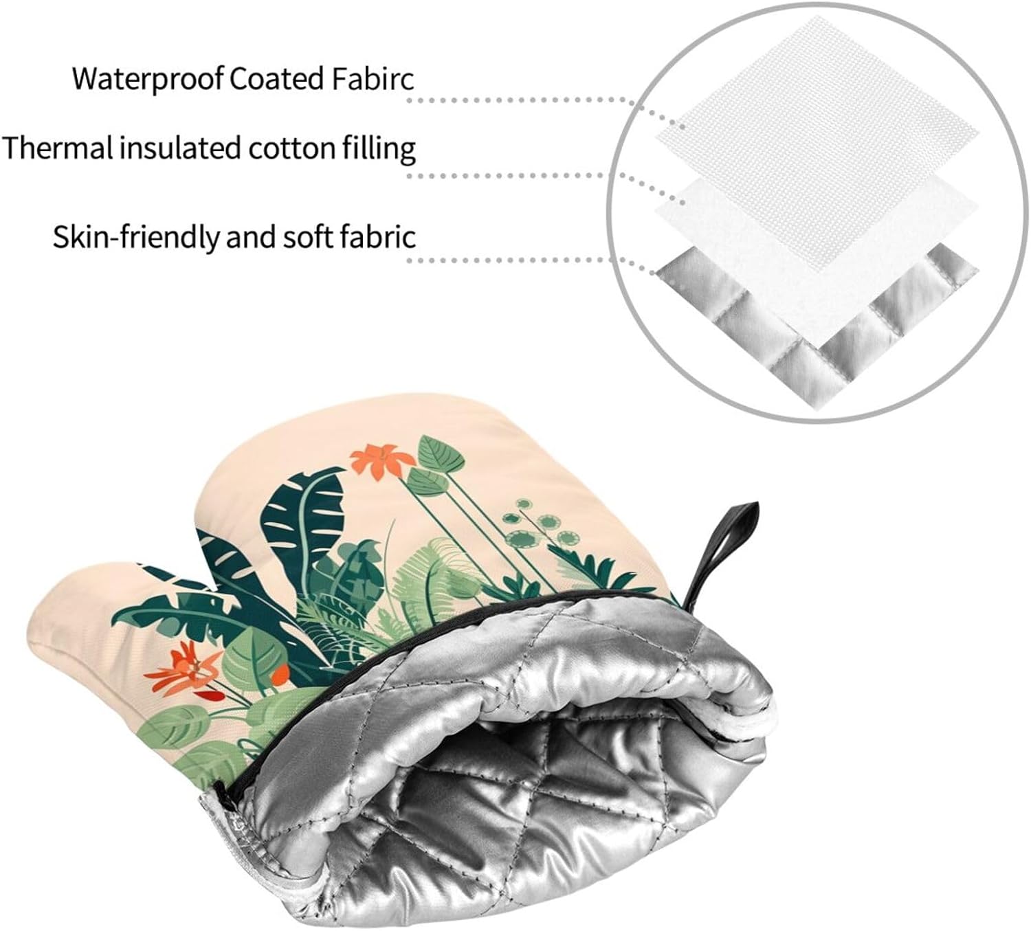Cartoon small green plant Oven gloves and heat-resistant mat 4-piece set. Suitable for grilling, microwave oven frying, and baking