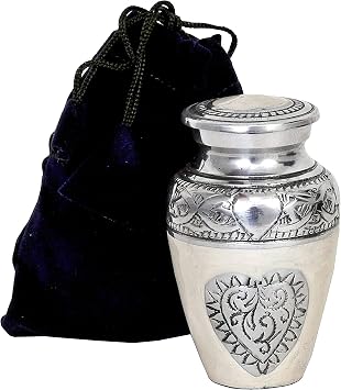 HLC URNS Lovely Keepsake Urn Silver Heart Small Keepsake Qnty 1 - Keepsake Urn for Human Ashes with 1 Velvet Box Bag-Mini Keepsake Urn - Affordable Keepsake Urn 3 cu.in