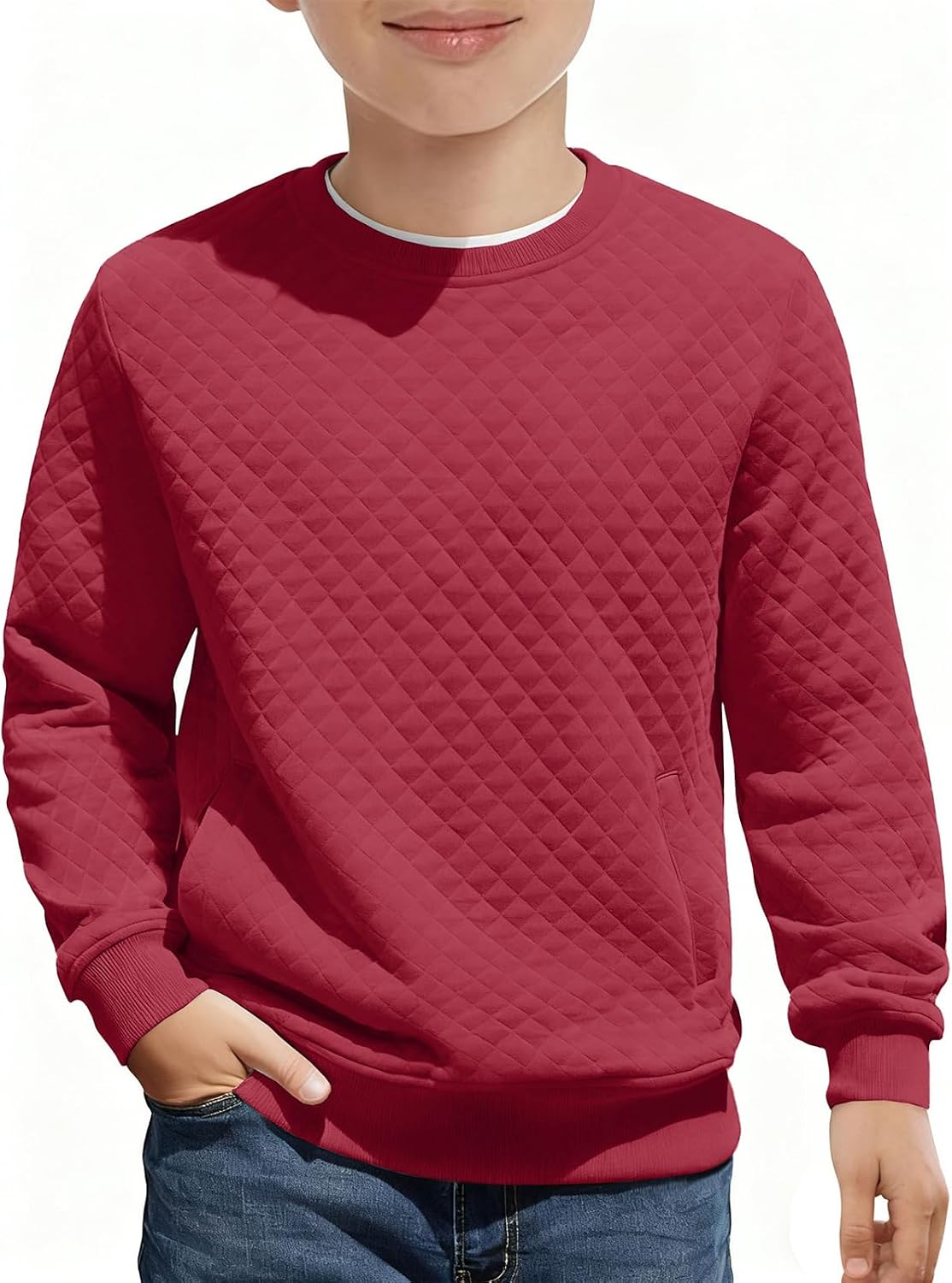 Haloumoning Boys Quilted Sweatshirts Kids Fashion Crewneck Long Sleeve Pullover Clothes with Pockets 5-14 Years