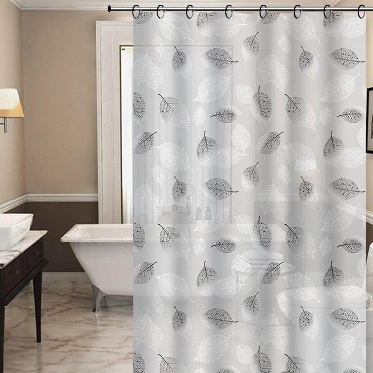COMFEEING EVA Ptinted Leaf Shower Curtain Liner Translucent Water Repellent Bathroom Curtains for Bath Tub Shower 72x72 Inches