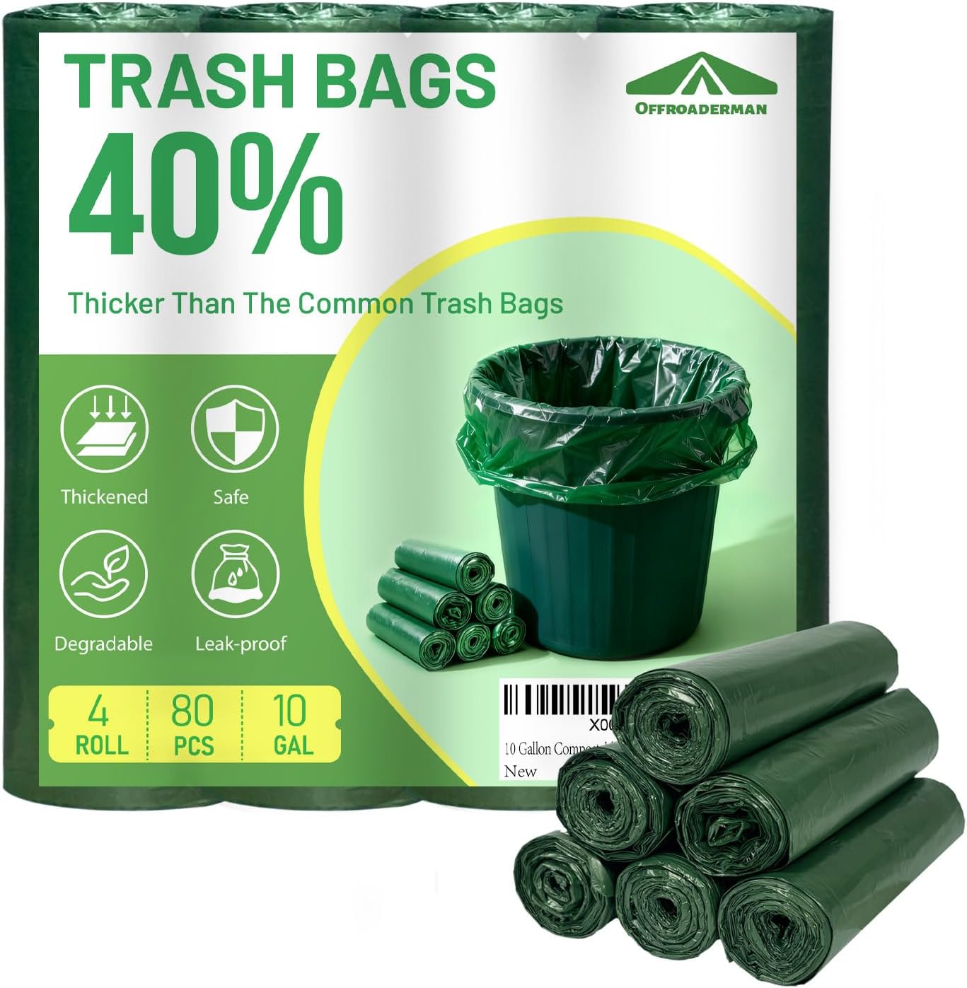 10 Gallon Compostable Trash Bags, 80 Count Eco-Friendly Small Garbage Bags for Bathroom, Office, Kitchen
