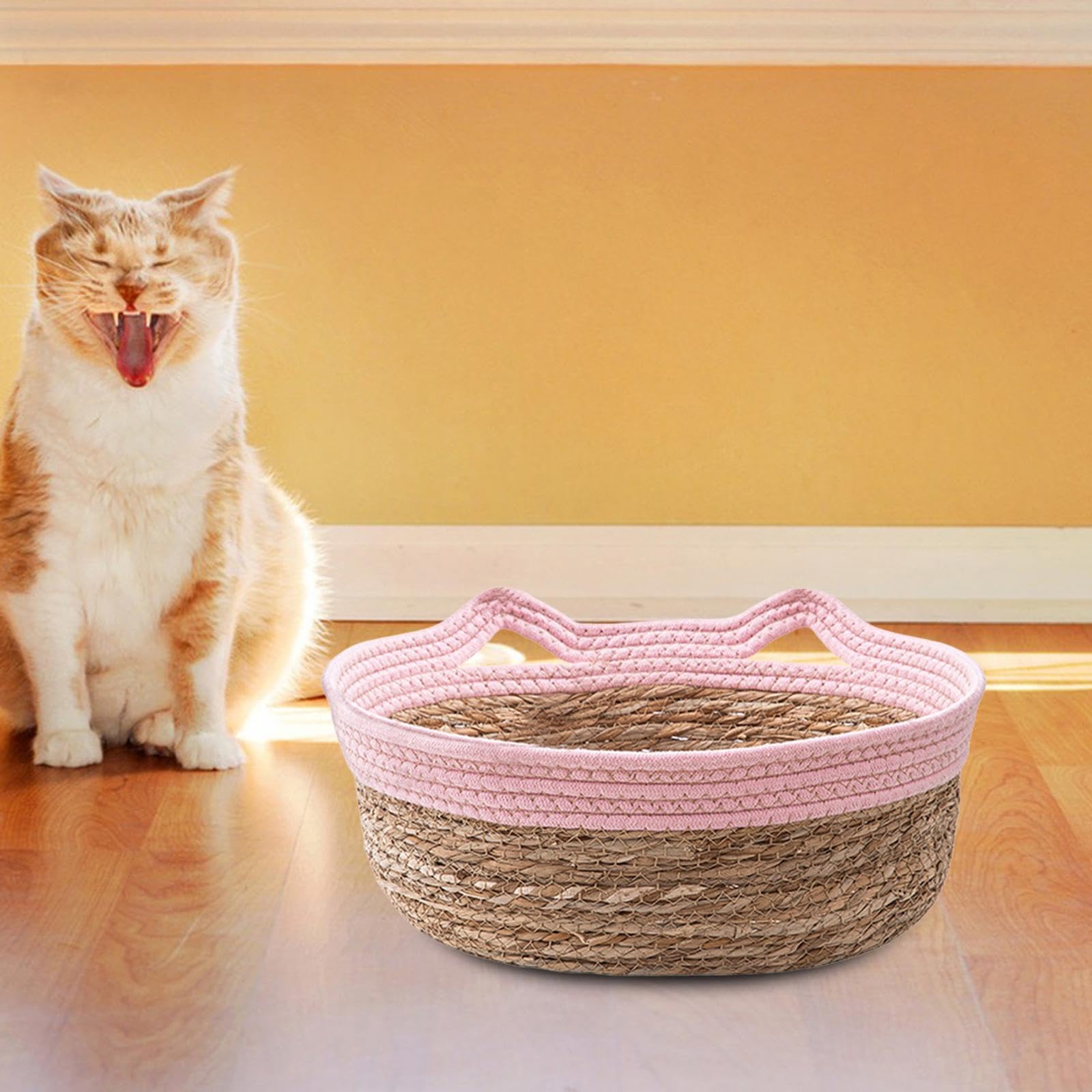 perfk Panier de Lit pour Chat Tissé à La Main, Tapis à Gratter pour Chat, Tapis D'été Rafraîchissant pour Chien, Panier à Chaton Durable, Paniers à Gratter, Rose M