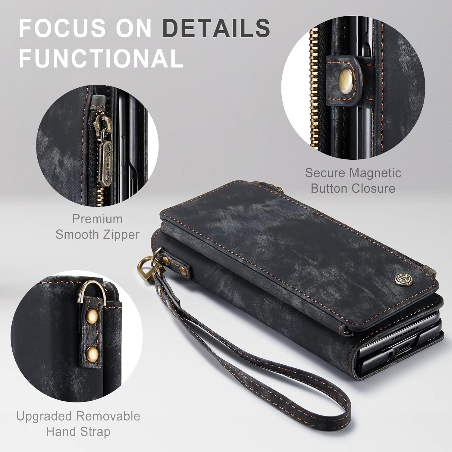 Defencase Galaxy Z fold 4 Case, Z fold 4 Case Wallet for Women and Men, Durable PU Leather Magnetic Wallet Flip Lanyard Strap Wristlet Zipper Card Holder Phone Case for Samsung Galaxy Z fold 4, Black