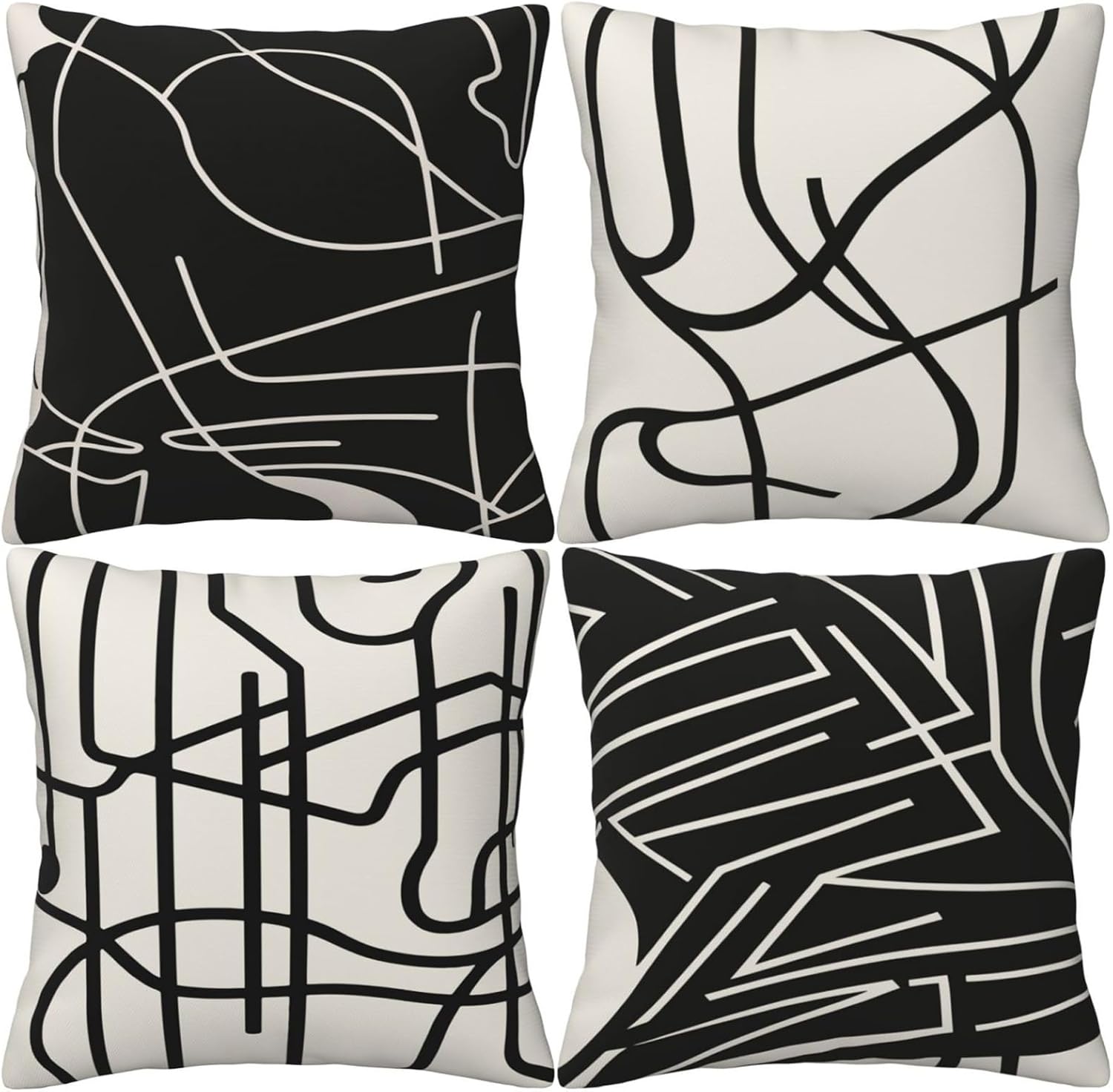 Abstract Throw Pillow Covers 20x20 inch Set of 4 Black and Beige Pillow Cases Striped Bohemian Cushion Covers for Sofa Couch Bed