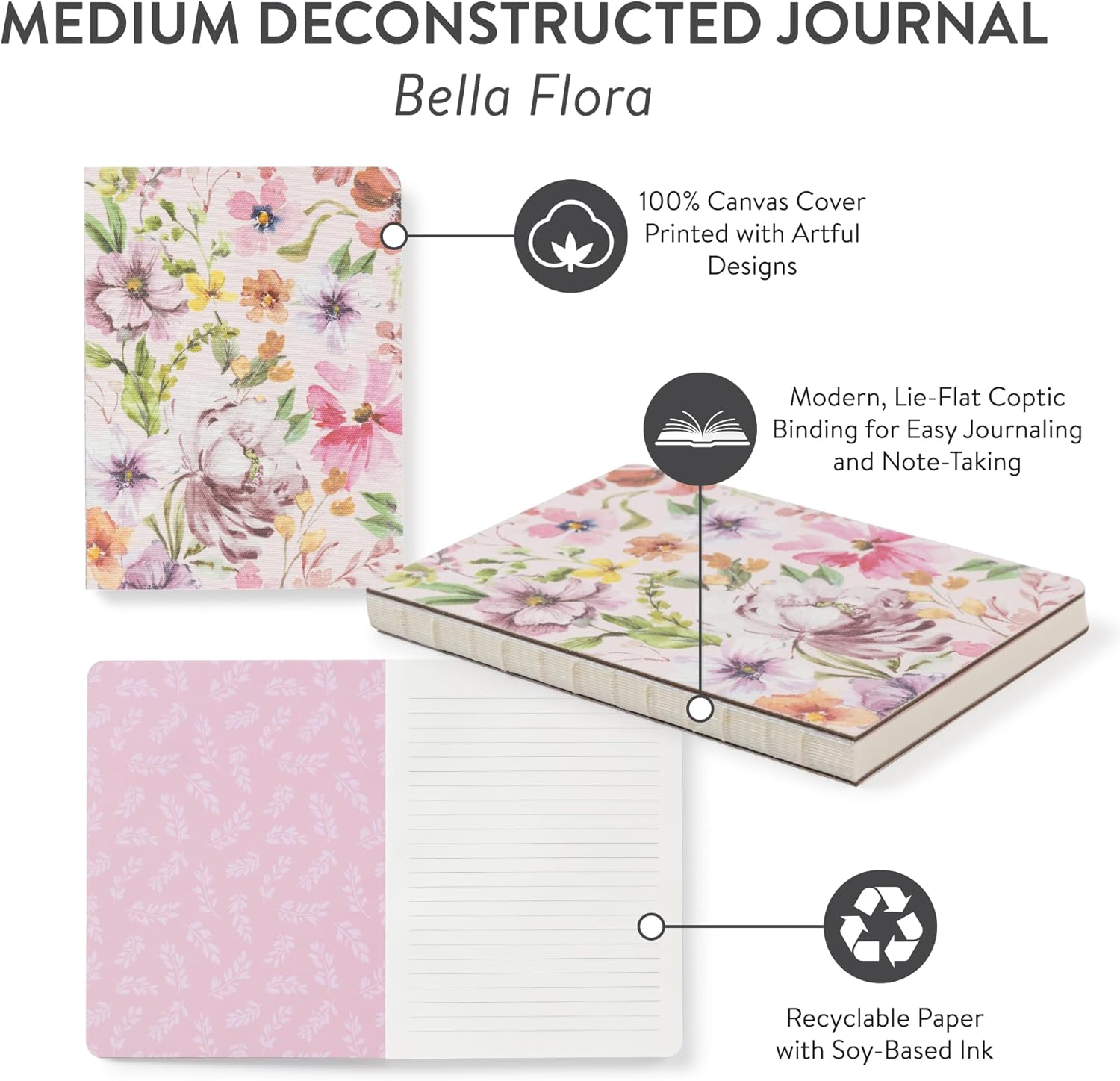 Studio Oh! Bella Flora Medium Deconstructed Notebook Journal 6.5" x 8.62" - 192 Lined Pages Lay-Flat Hardcover Journal - Coptic Bound Notebook for Work, Classrooms & Meetings - 100 GSM Paper Weight