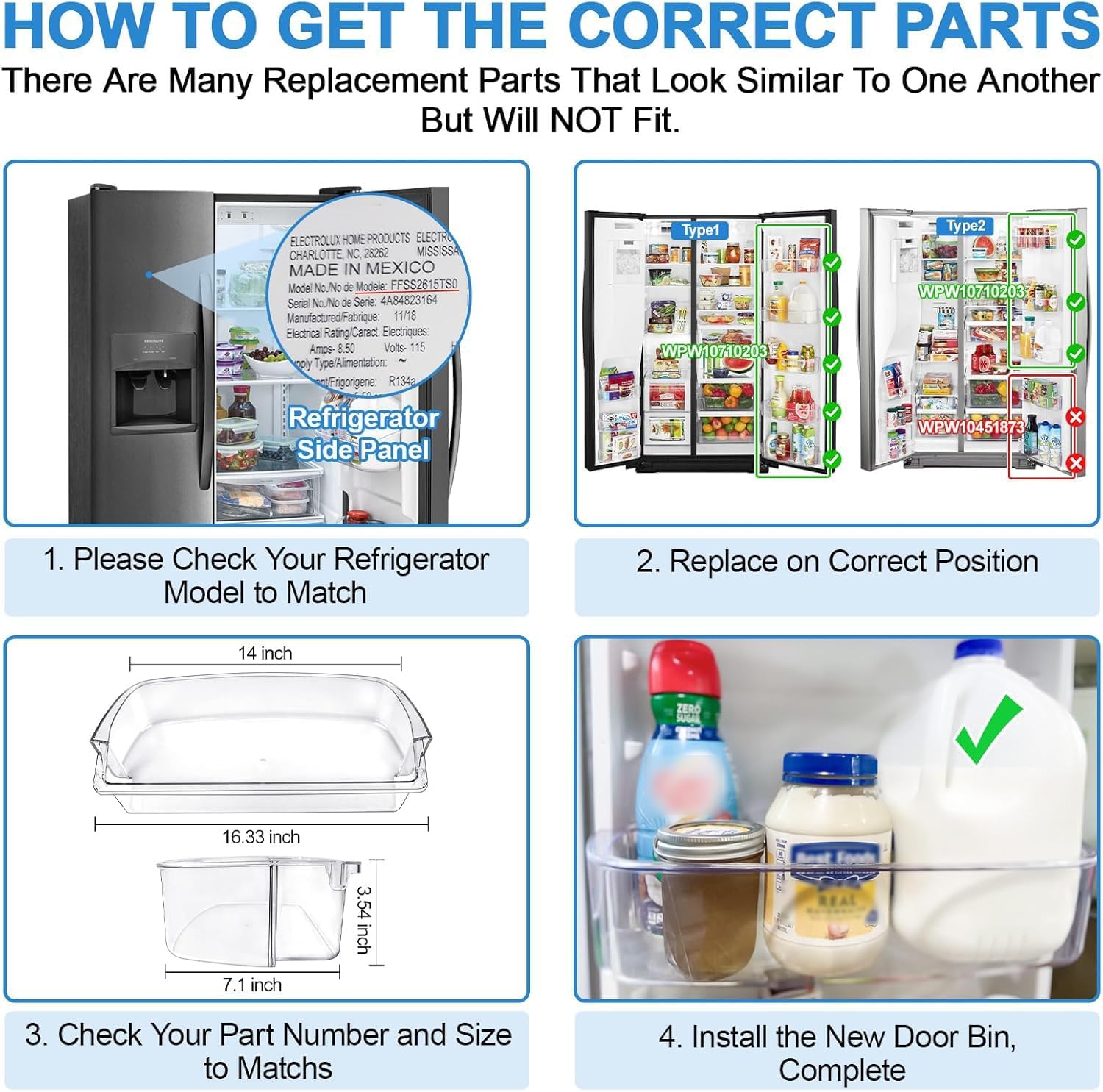 [2 PACK]UPGRADED WPW10710203 Refrigerator Door Bin Compatible With Kenmore Whirlpool Refrigerator Door Shelf W10710203 W10451871 Whirlpool Fridge Door Shelf WRS571CIHZ01 WRS588FIHZ00 WRS571CIDM01Shelf
